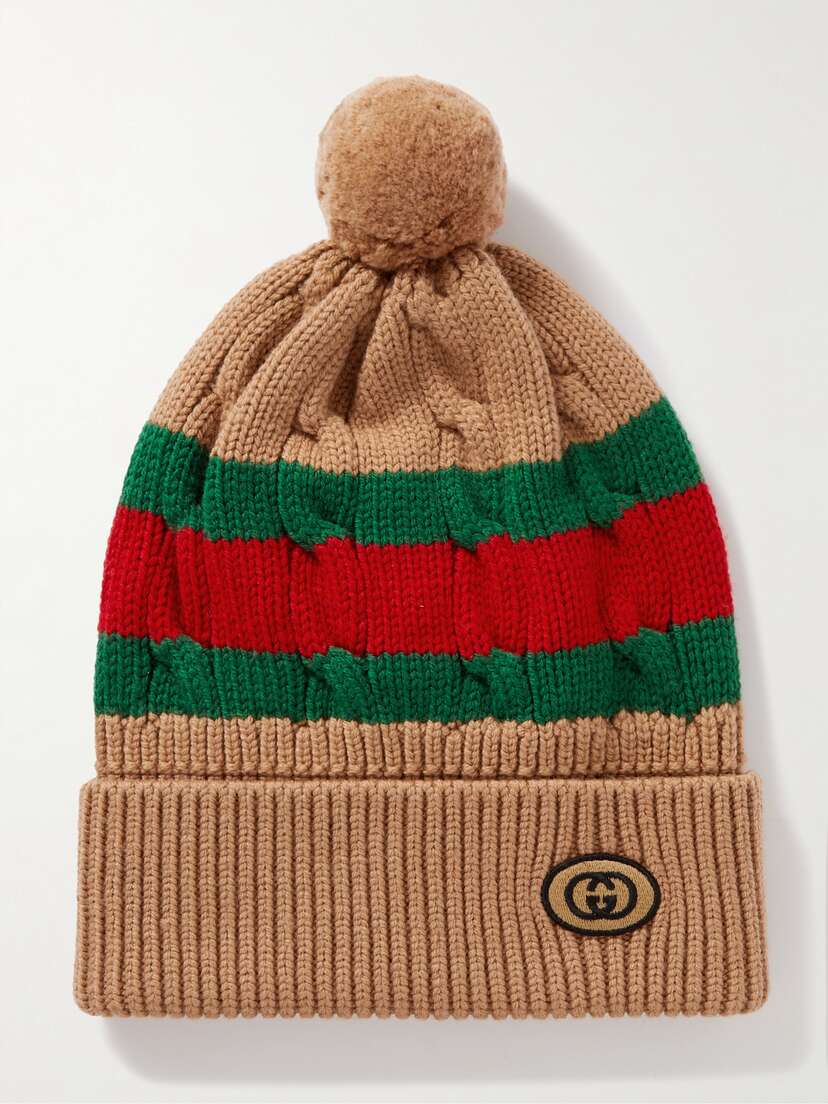 Gucci Pompom-embellished Striped Cable-knit Wool Beanie