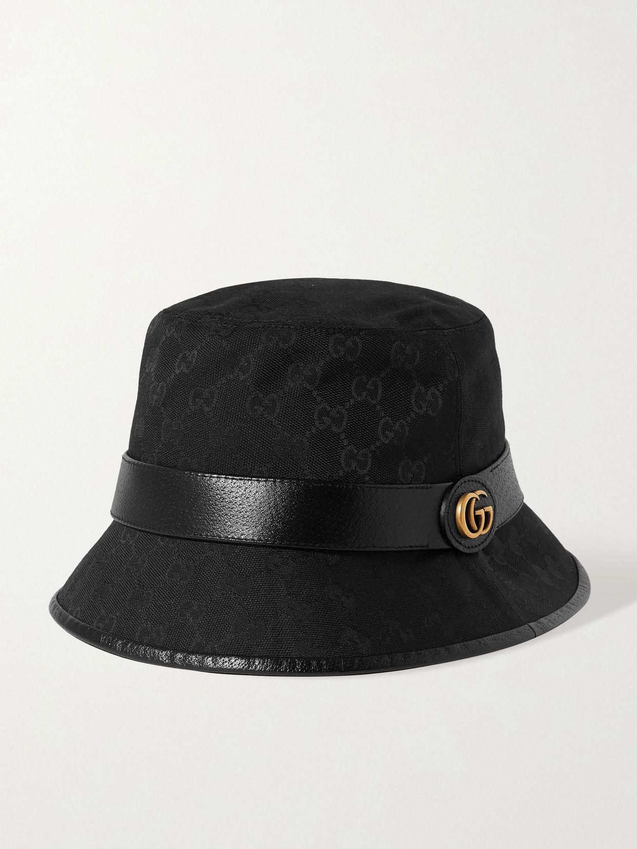 Leather-trimmed canvas-jacquard bucket hat