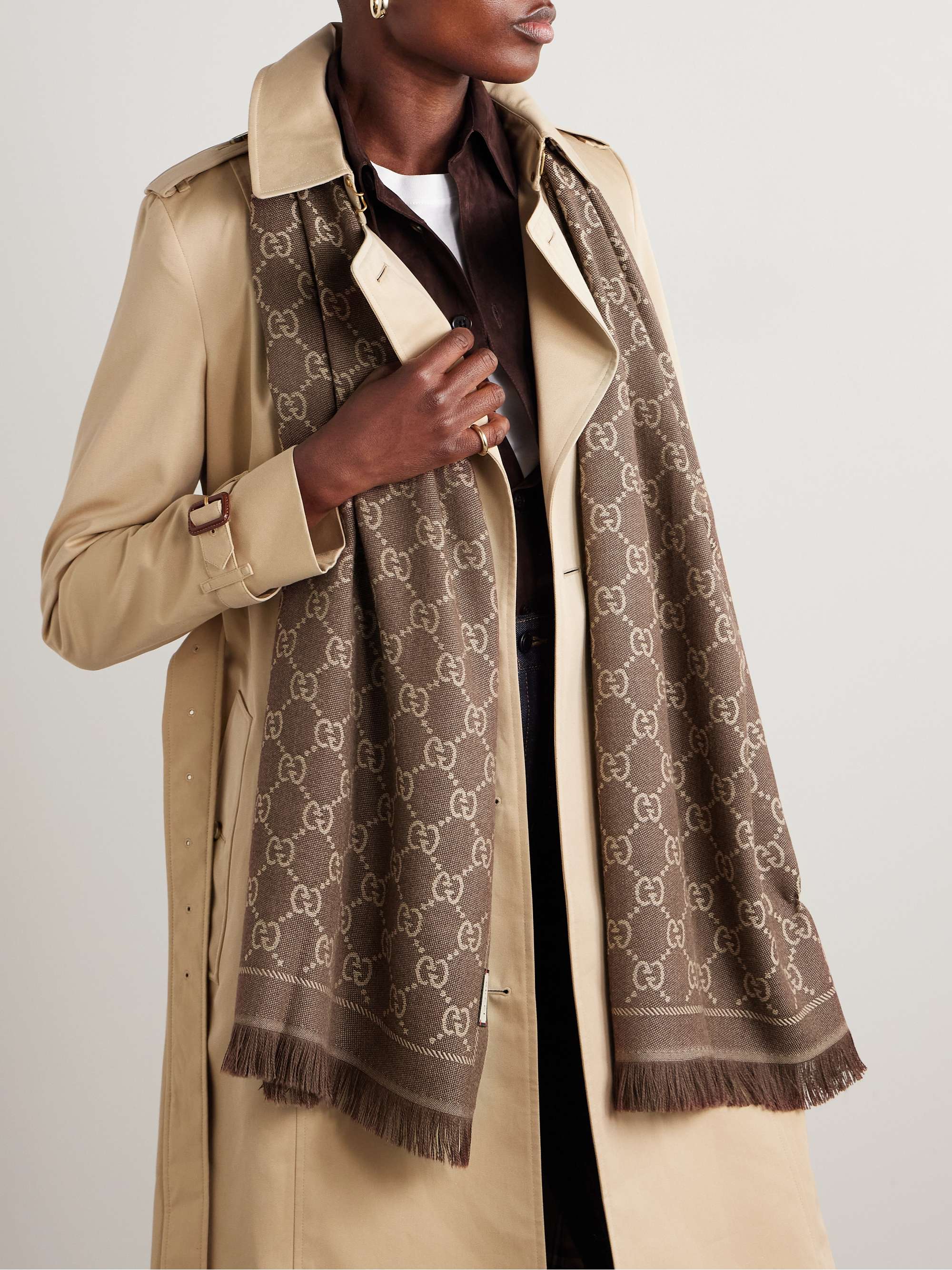 GUCCI + NET SUSTAIN Sten reversible fringed organic wool-jacquard scarf