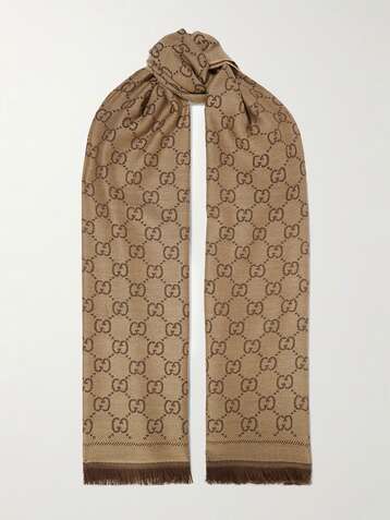 구찌 머플러 Gucci  Sten reversible fringed organic wool-jacquard scarf,Brown