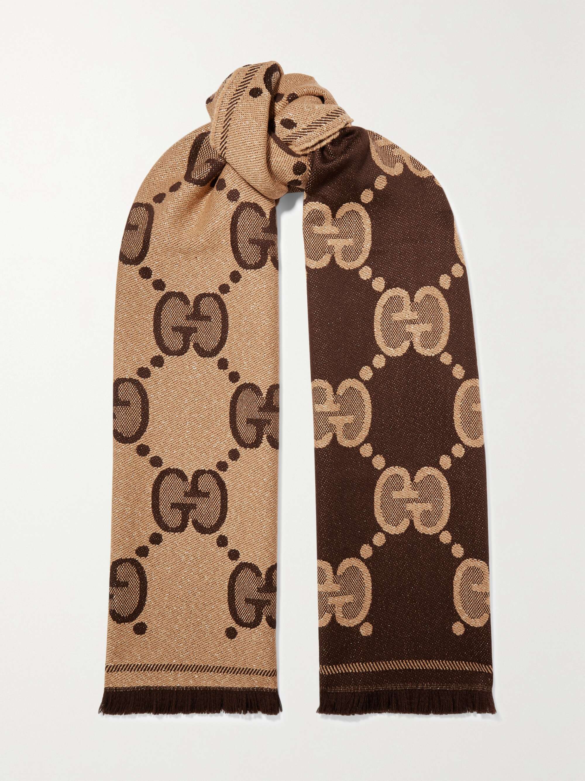 GUCCI: cashmere scarf with jacquard monogram - Brown