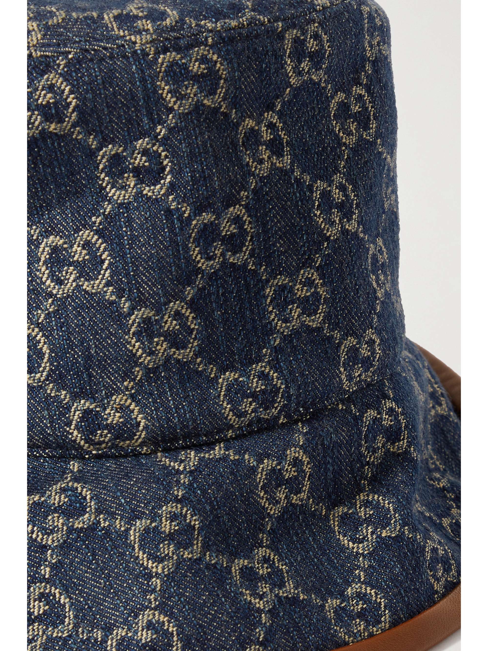 Blue Leather-trimmed denim-jacquard 