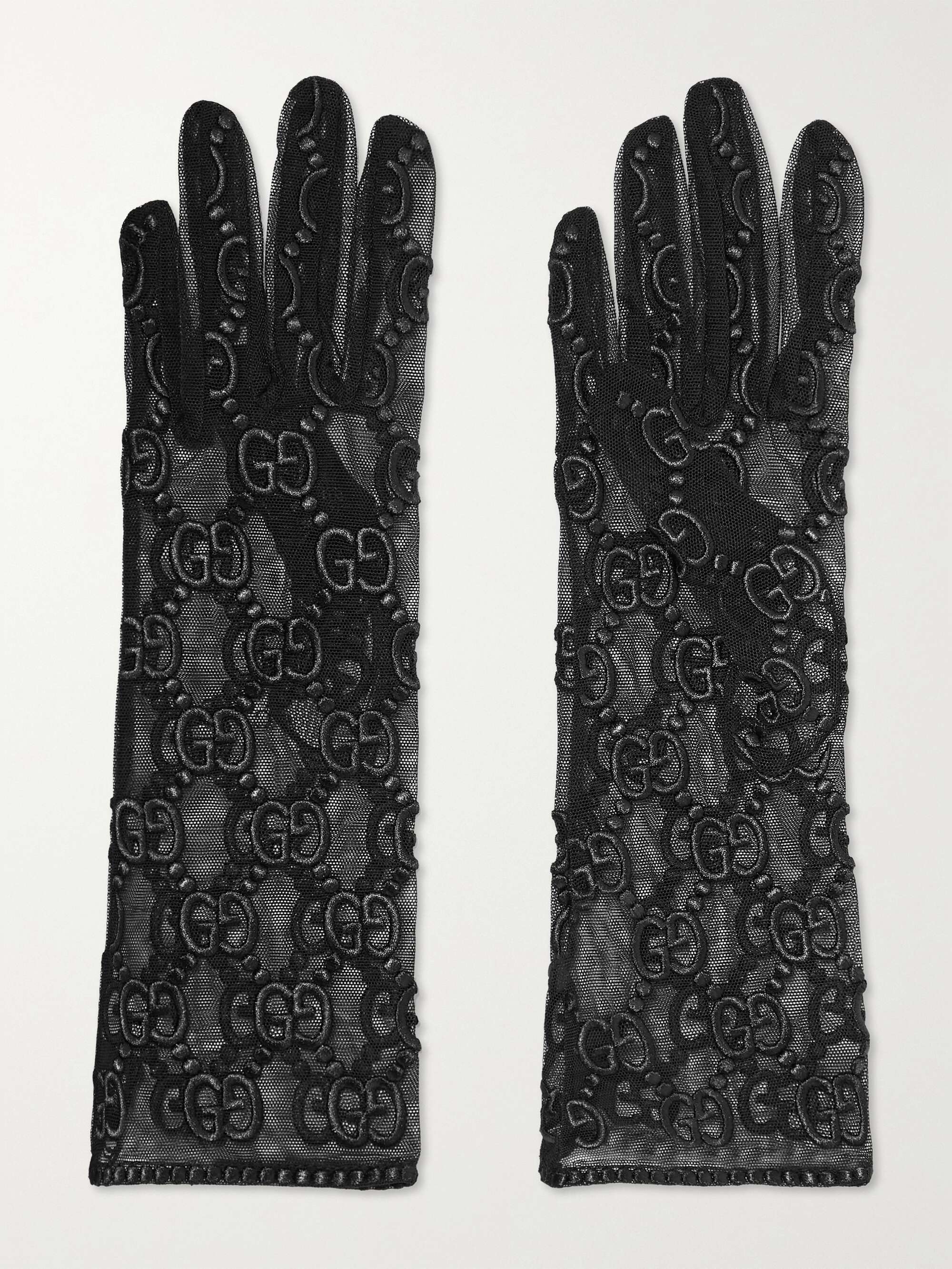 Gucci, Accessories, Gucci Gg Logo Embroidered Black Tulle Gloves