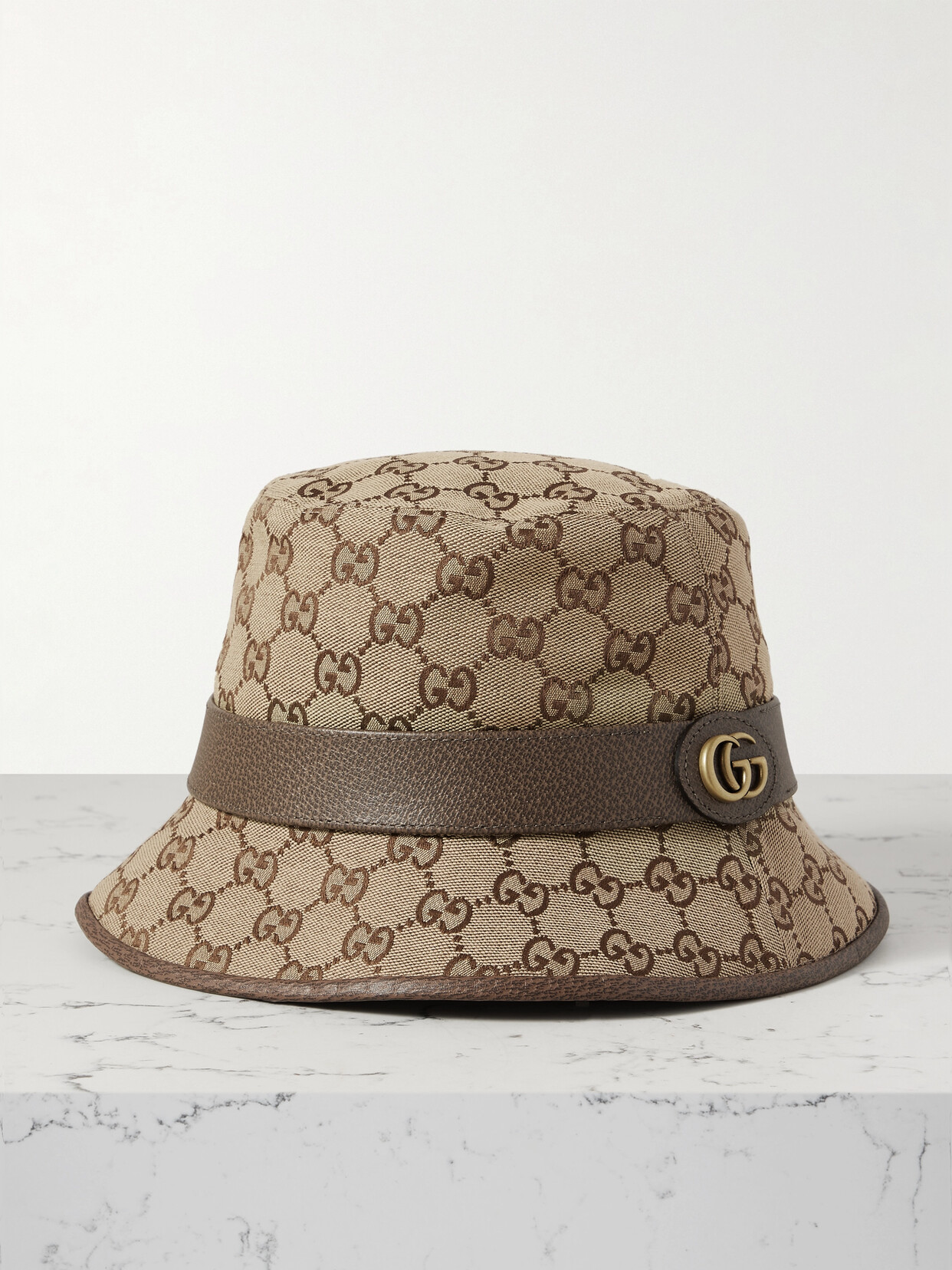 Gucci Leather-trimmed Cotton-blend Jacquard Bucket Hat In Gold