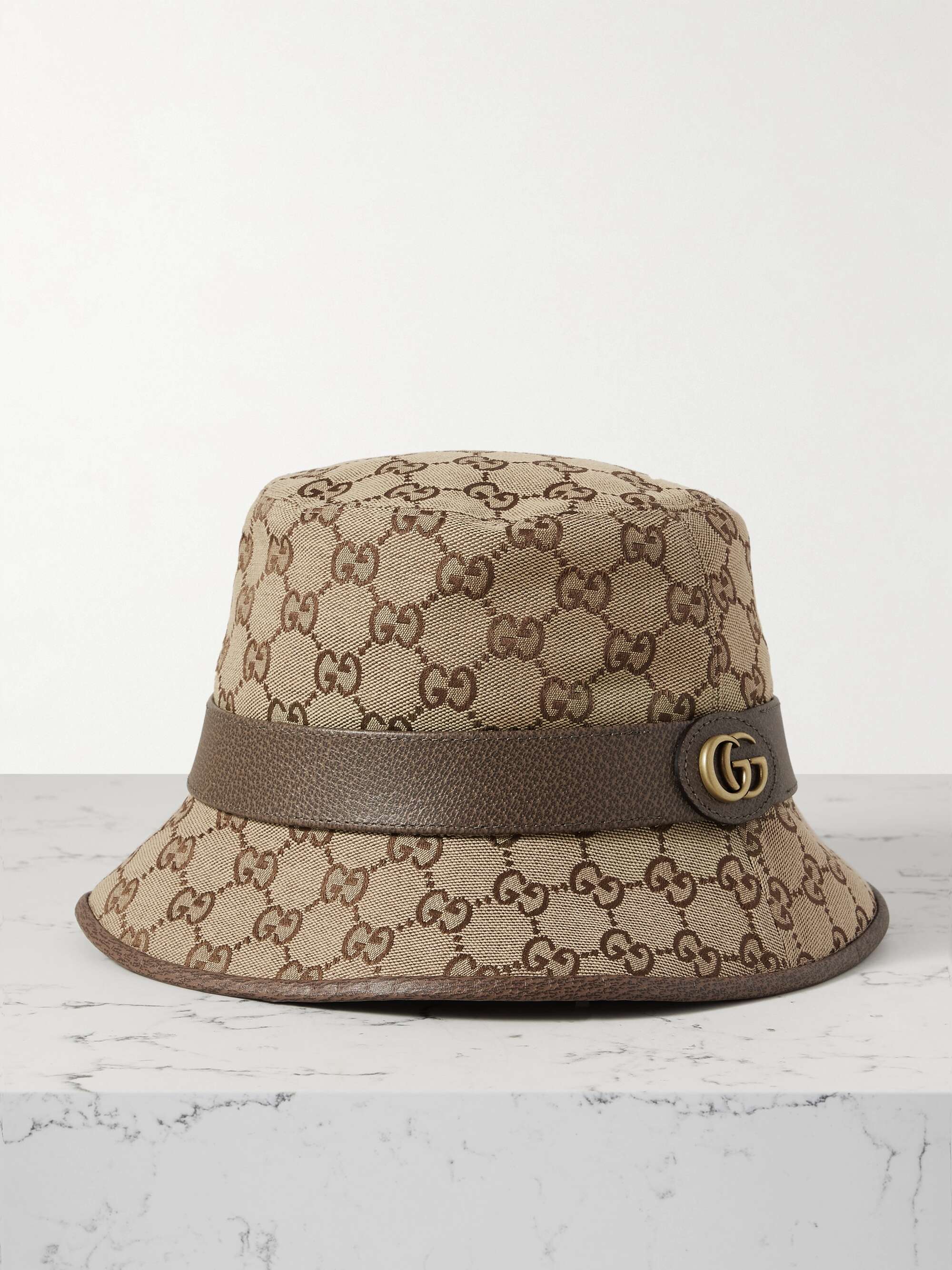 Beige Leather-trimmed cotton-blend jacquard bucket hat | GUCCI | NET-A-PORTER