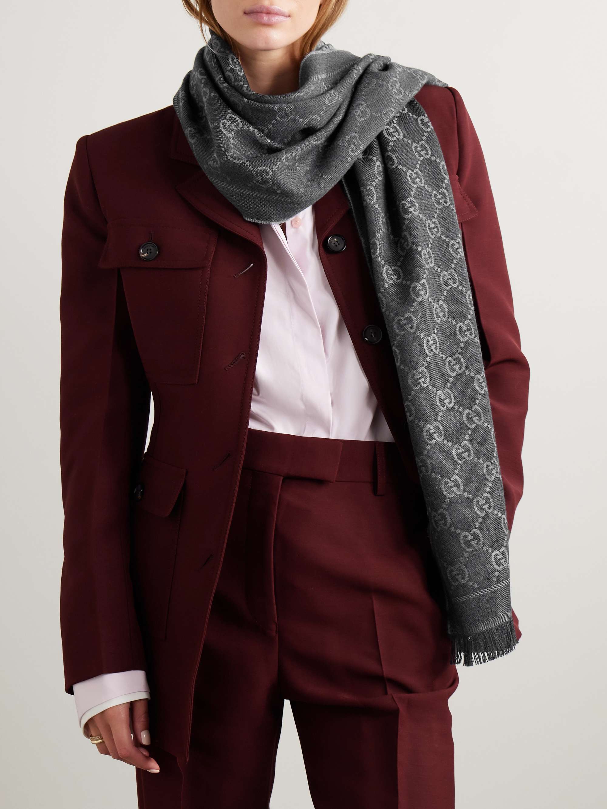 GUCCI + NET SUSTAIN Sten reversible fringed organic wool-jacquard scarf