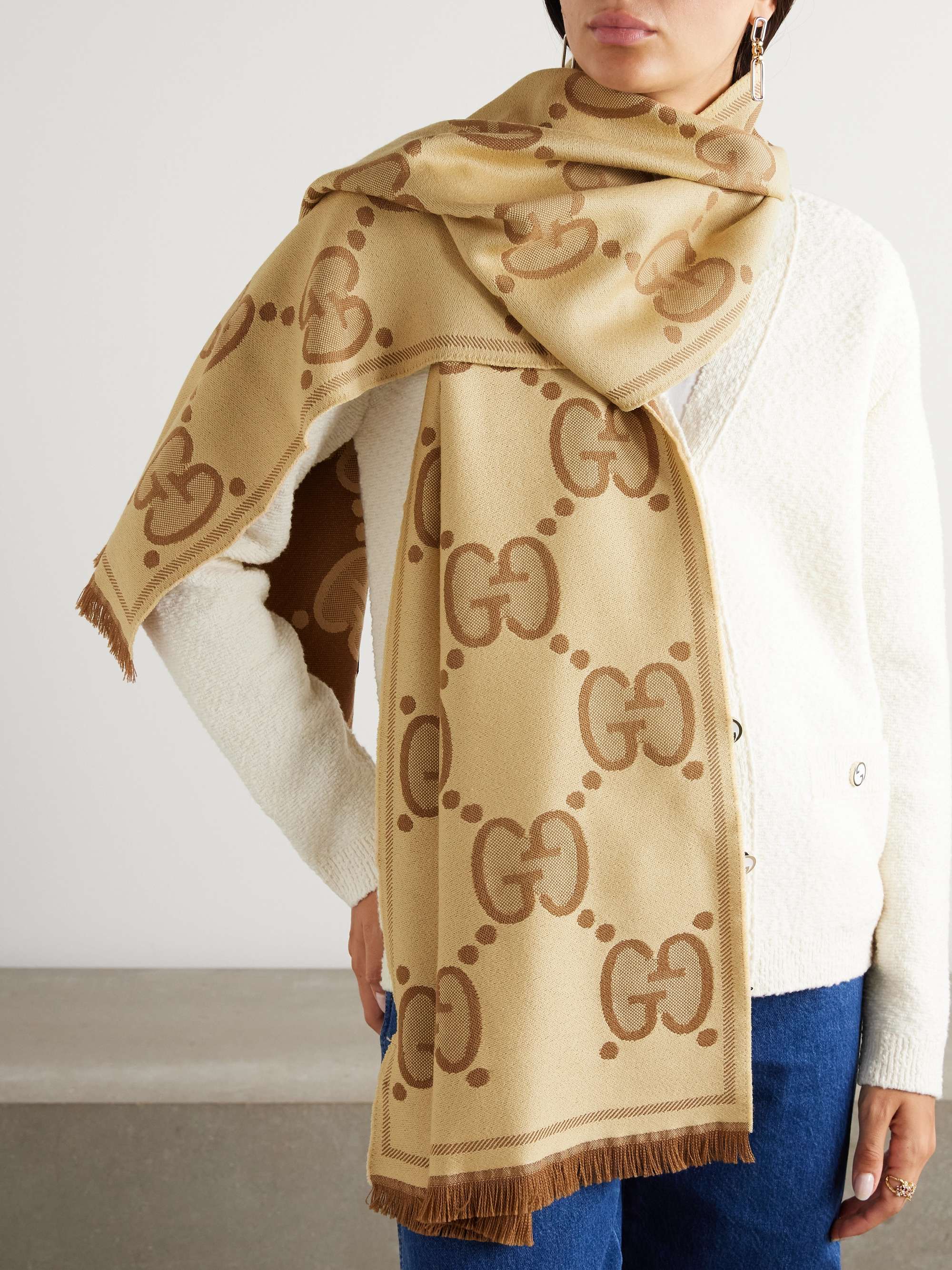 GUCCI Fringed wool-jacquard scarf