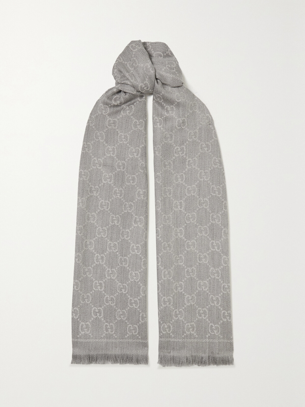 Gucci + Net Sustain Sten Reversible Fringed Organic Wool-jacquard Scarf In Grey