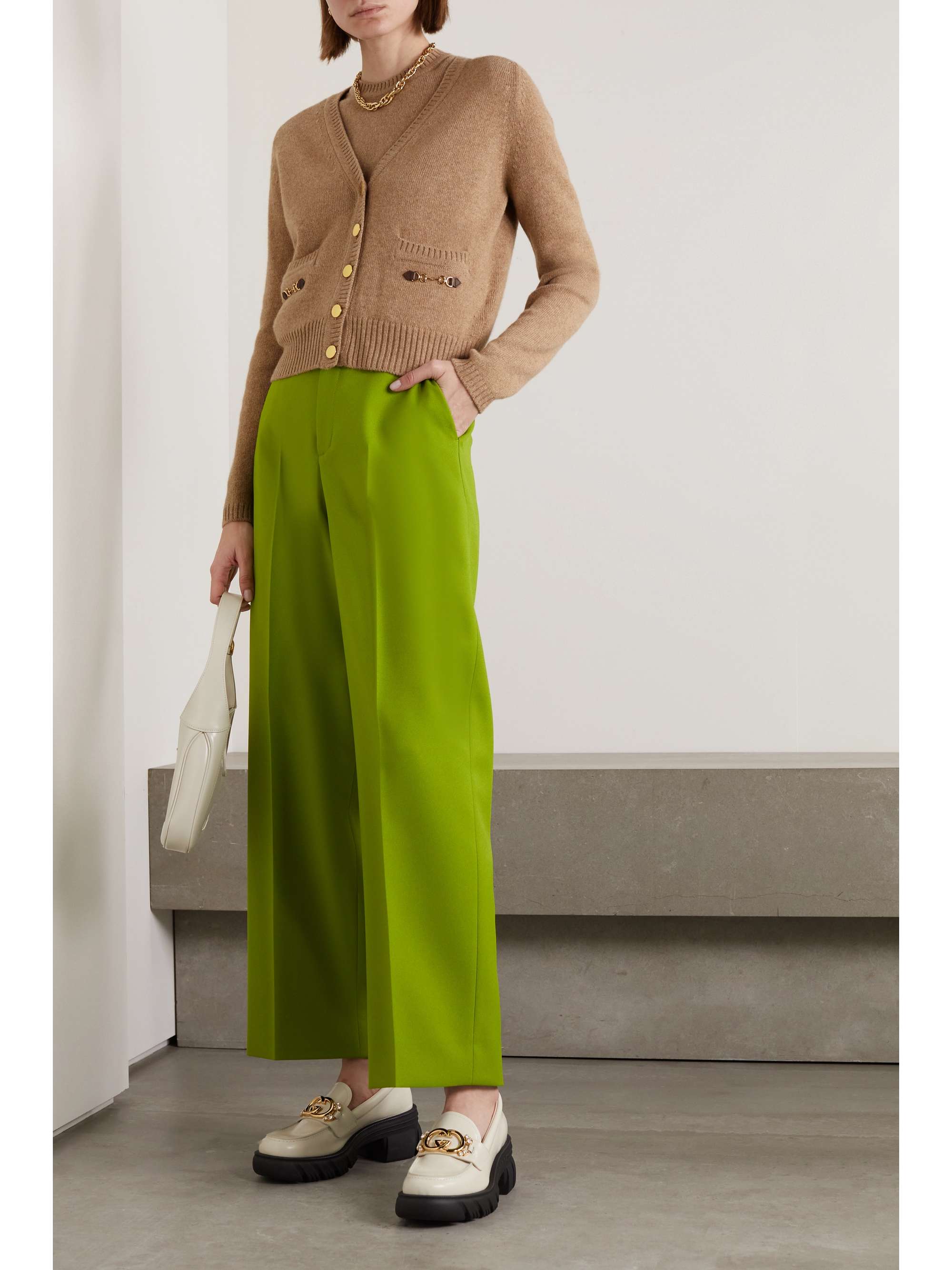 GUCCI Horsebit-detailed leather-trimmed cashmere cardigan