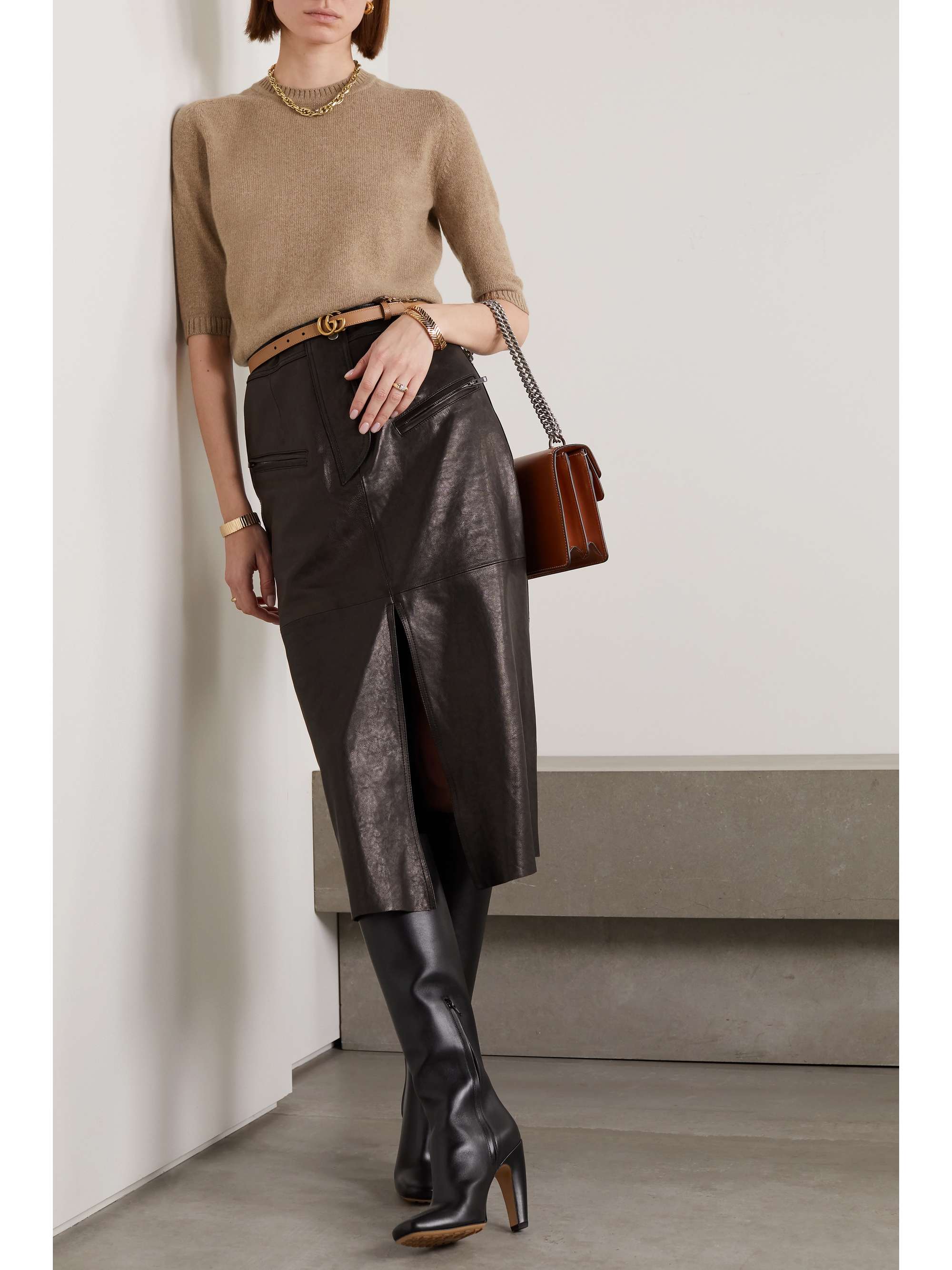 GUCCI Horsebit-detailed leather-trimmed cashmere sweater
