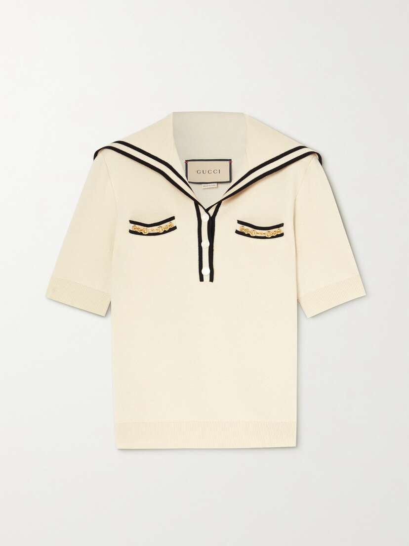 Gucci Embellished Striped Wool-piqué Polo Shirt