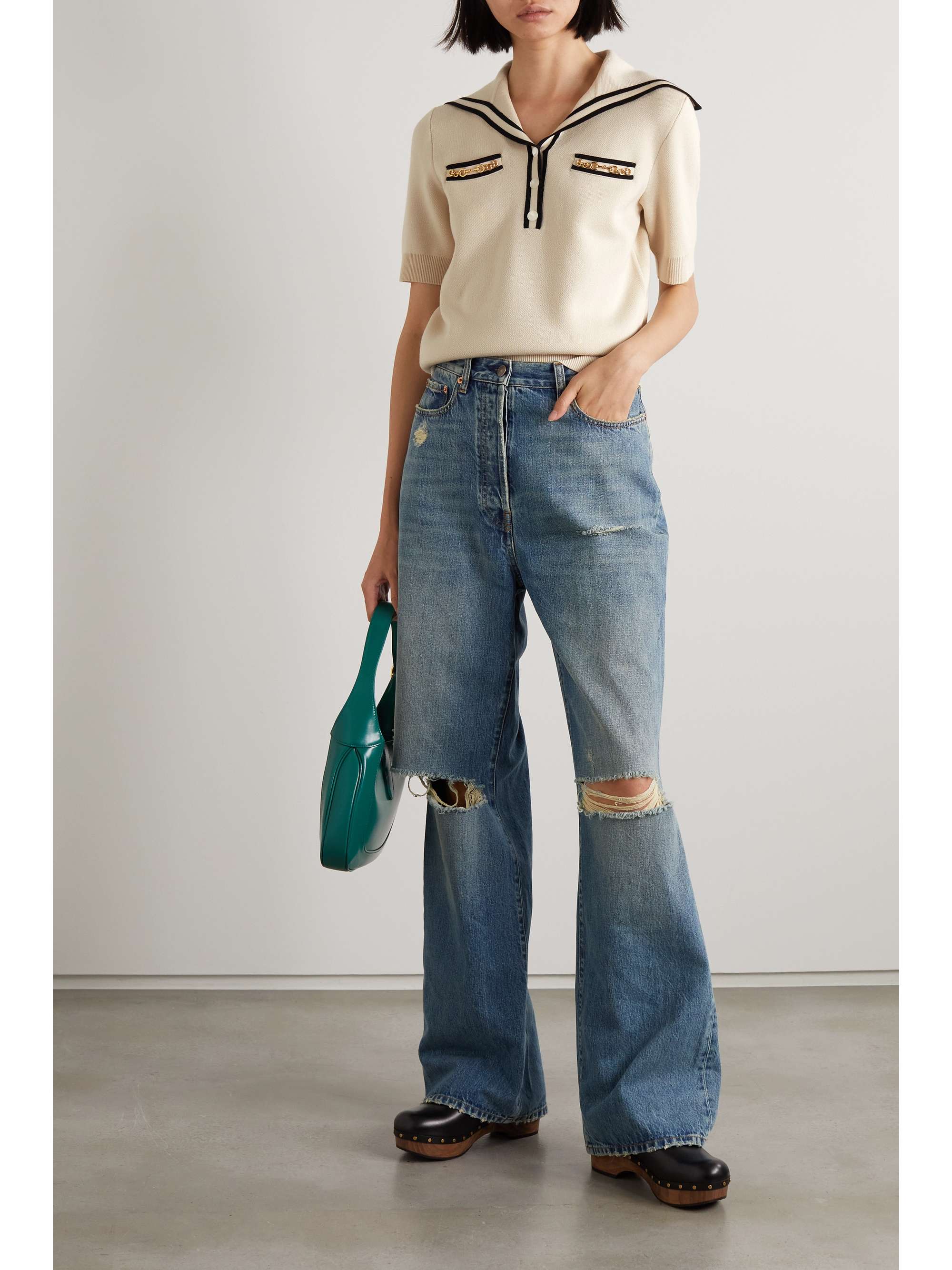 GUCCI Embellished striped wool-piqué polo shirt