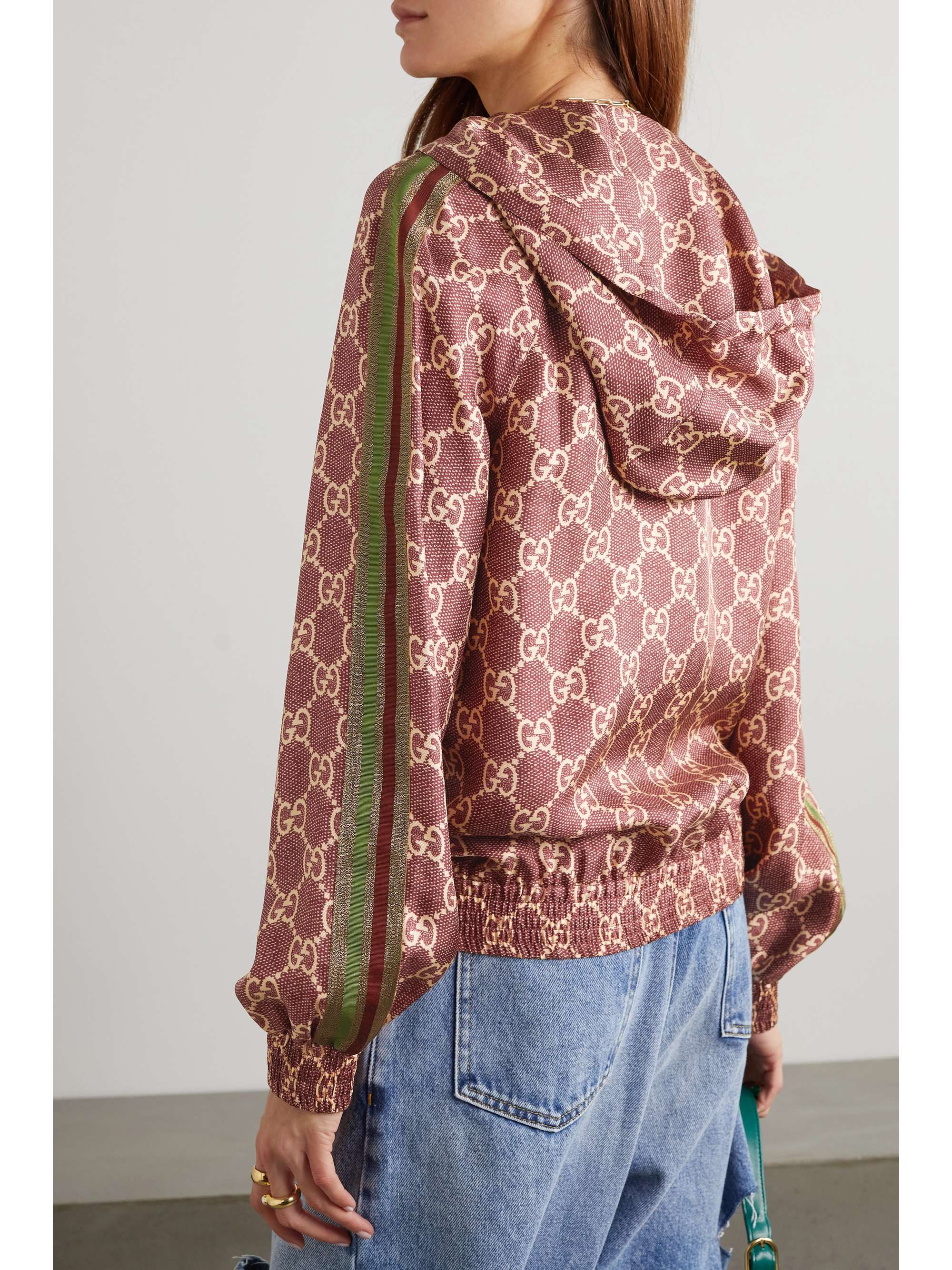 Metallic webbing-trimmed printed silk-twill hoodie