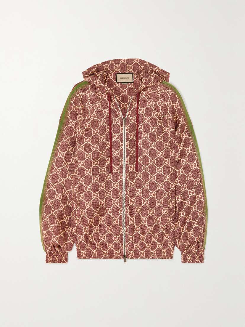 Gucci Metallic Webbing-trimmed Printed Silk-twill Hoodie