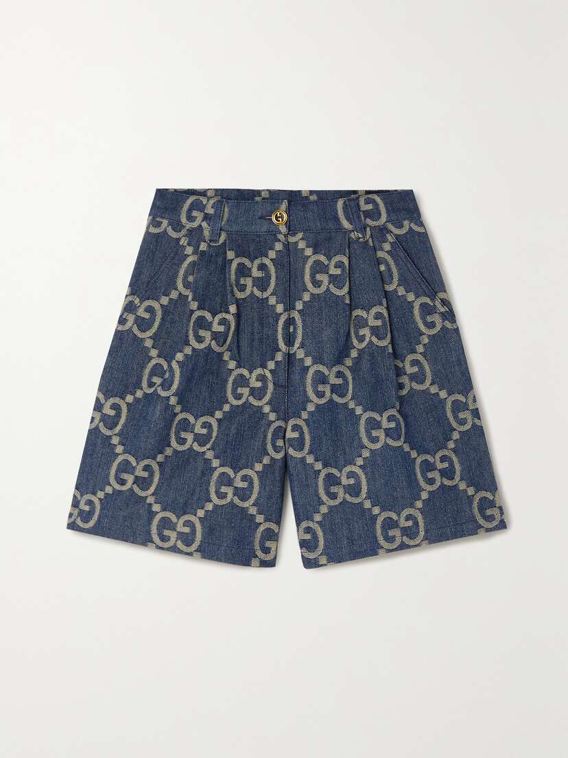 Gucci Jumbo Gg Leather-trimmed Pleated Denim-jacquard Shorts