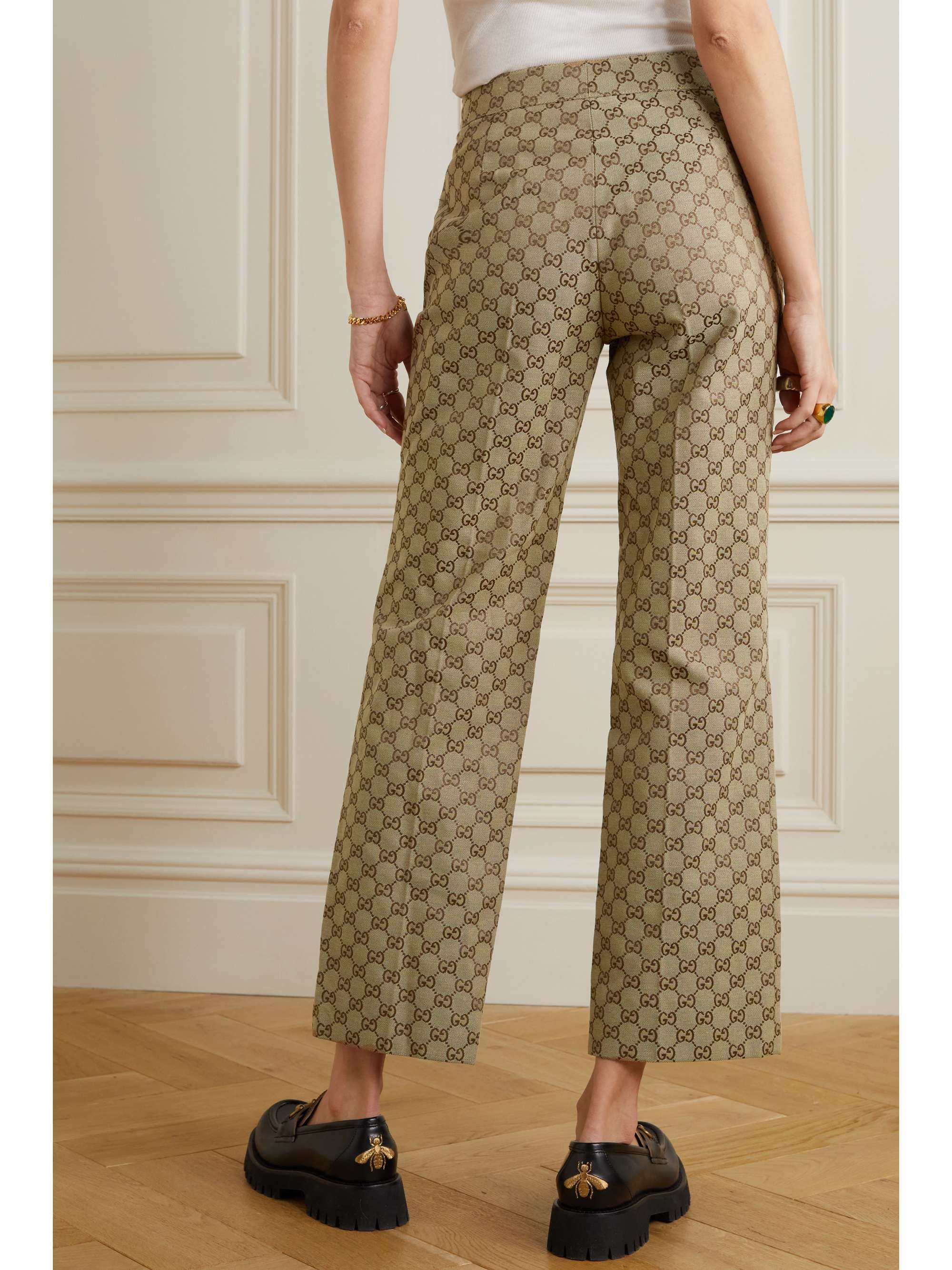 GUCCI Leather-trimmed cotton-blend canvas-jacquard flared pants