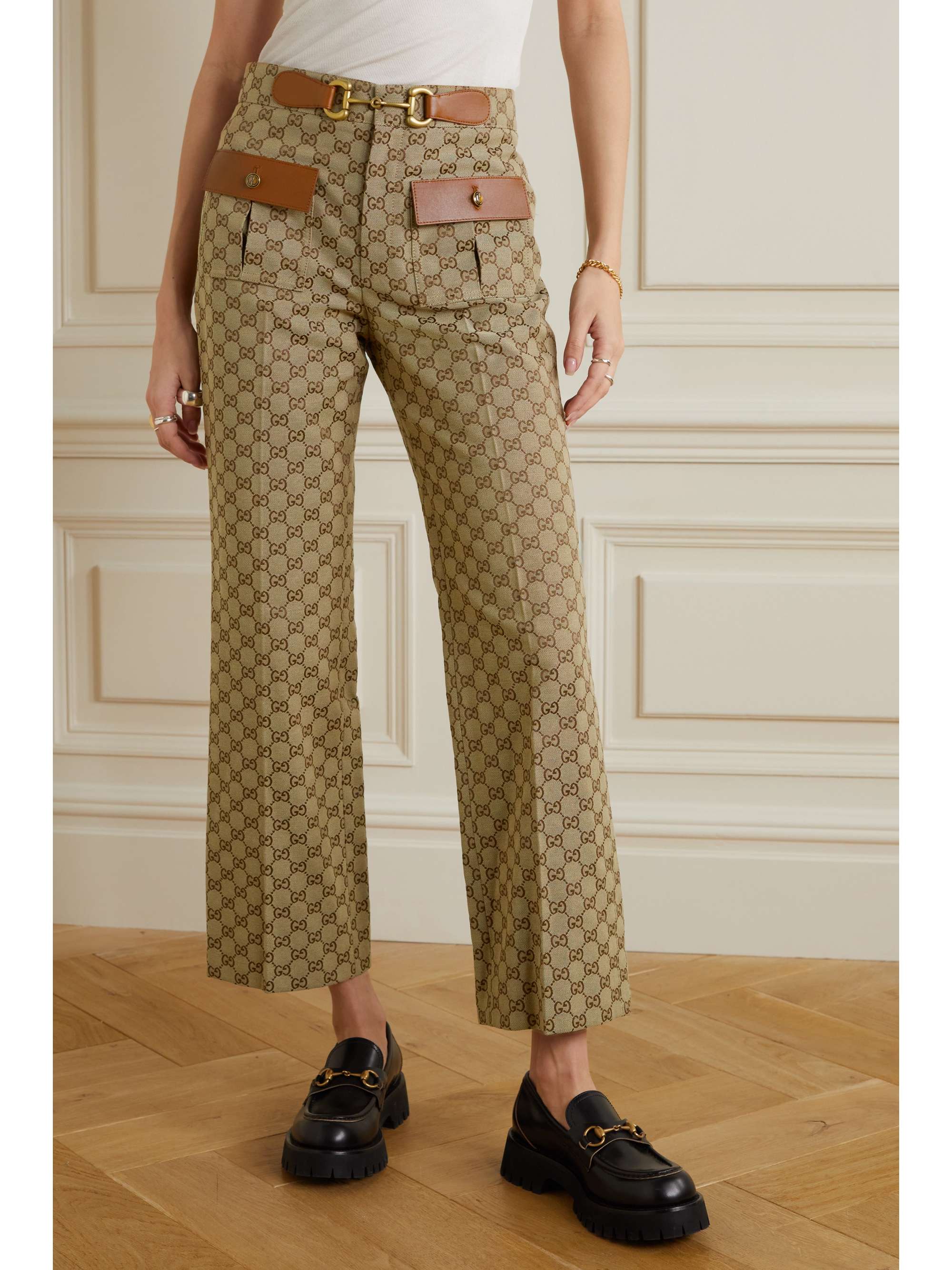 GUCCI Leather-trimmed cotton-blend canvas-jacquard flared pants