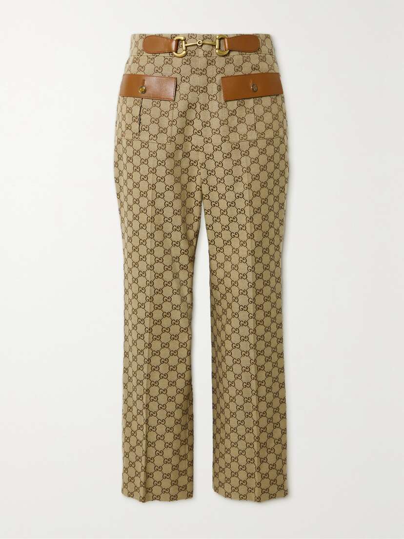 Gucci Leather-trimmed Cotton-blend Canvas-jacquard Flared Pants