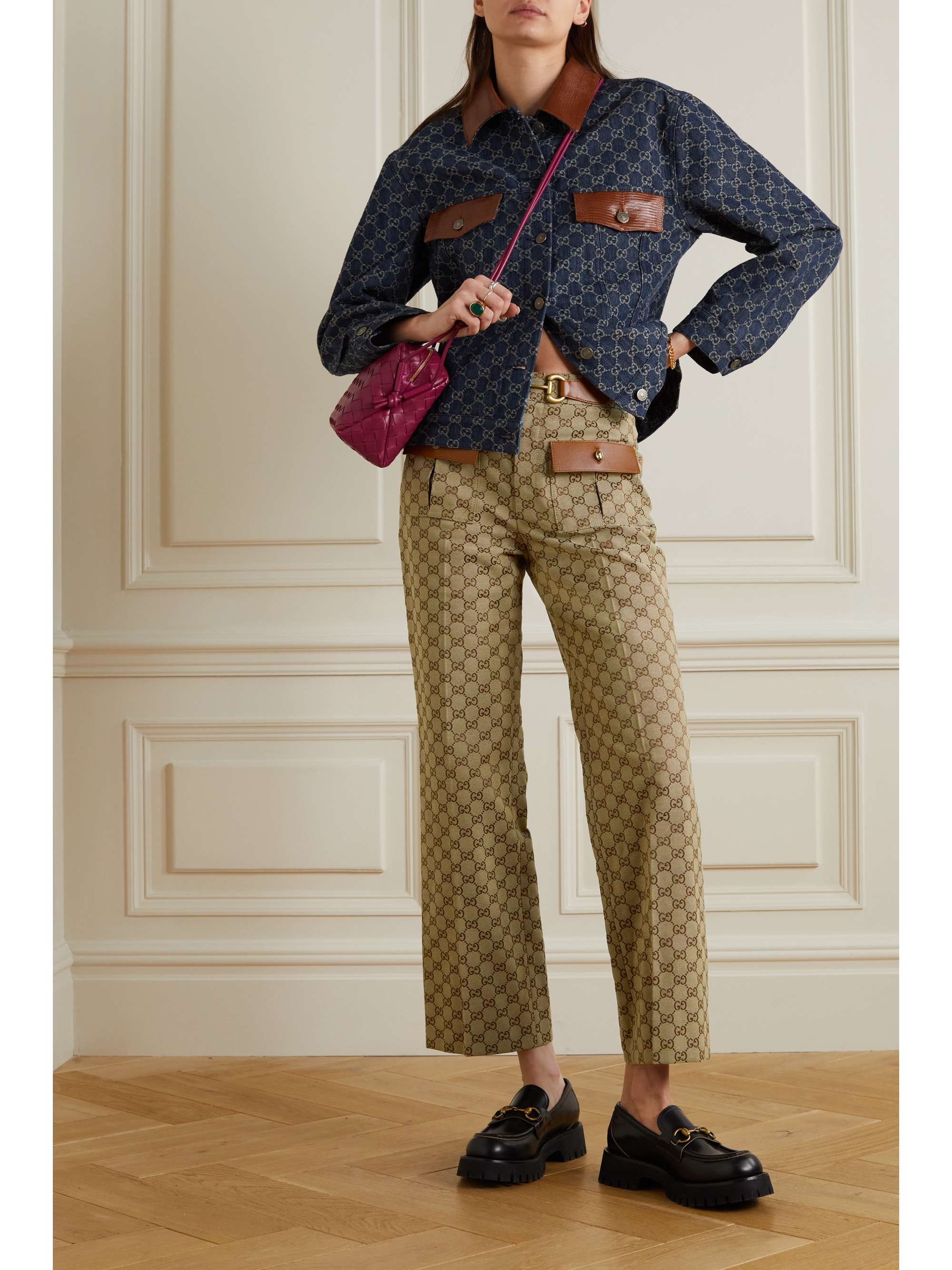 GUCCI Leather-trimmed cotton-blend canvas-jacquard flared pants