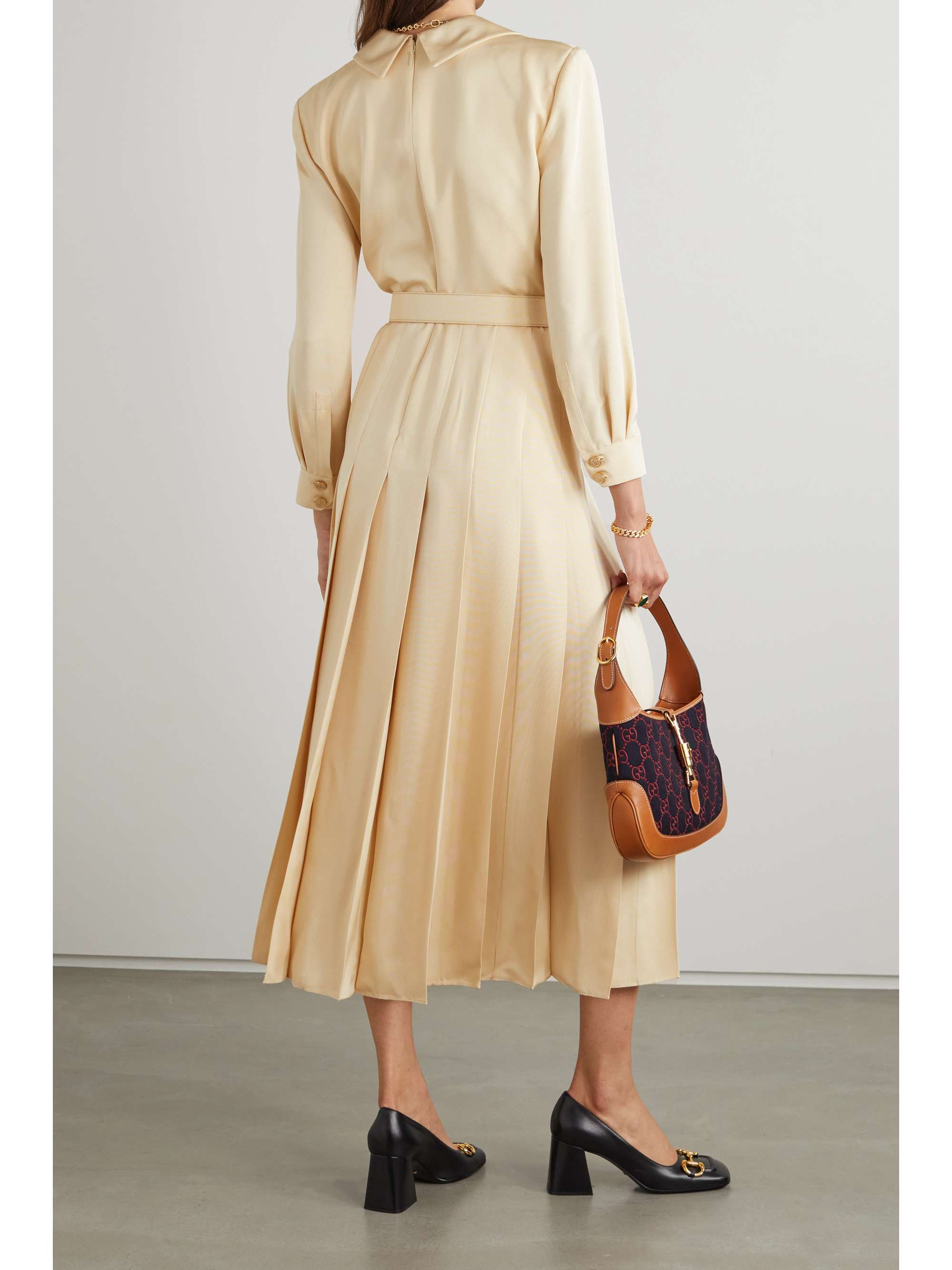 Cream Belted pleated satin-faille shirt 