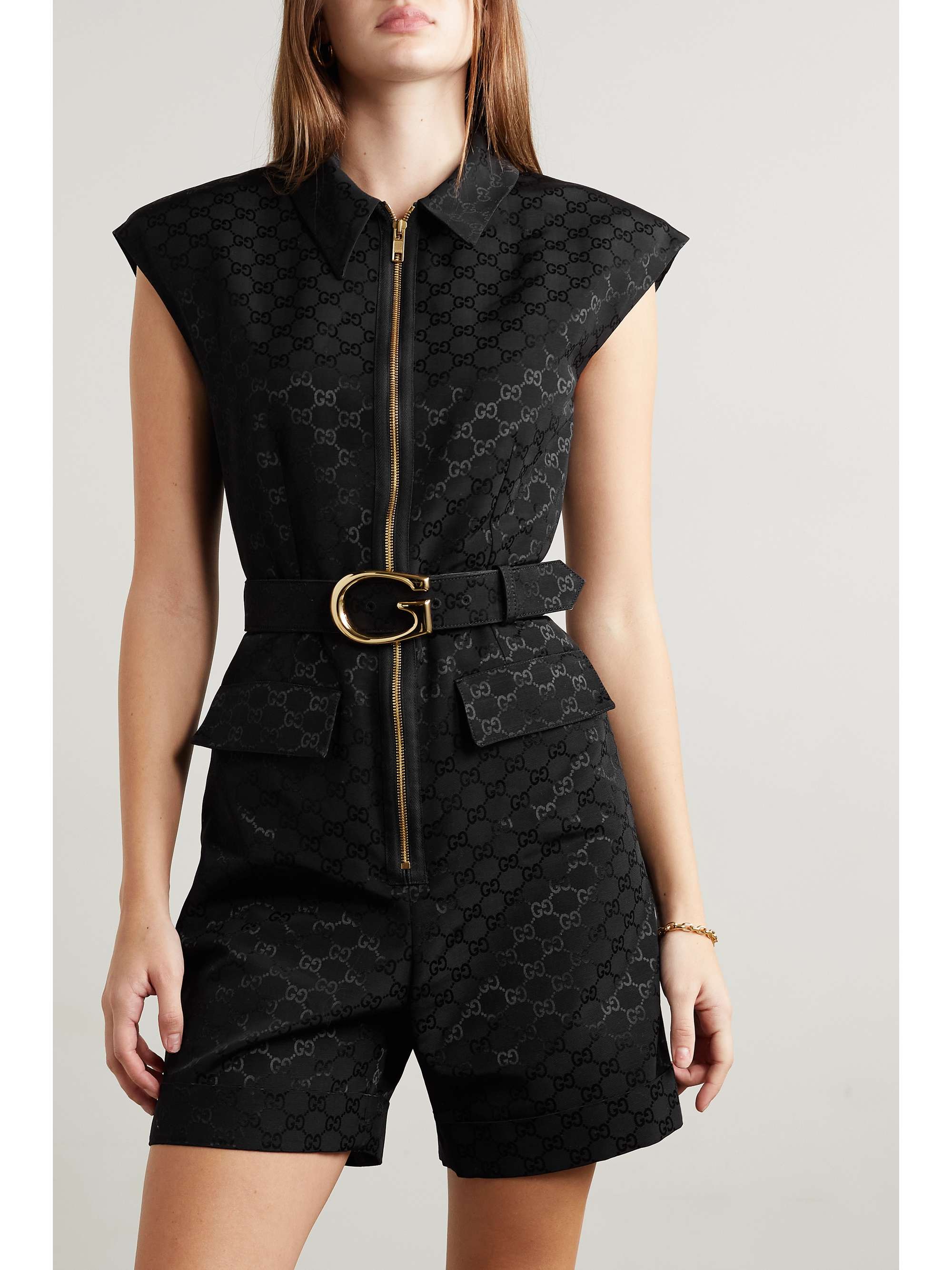 GUCCI Belted cotton-blend jacquard playsuit