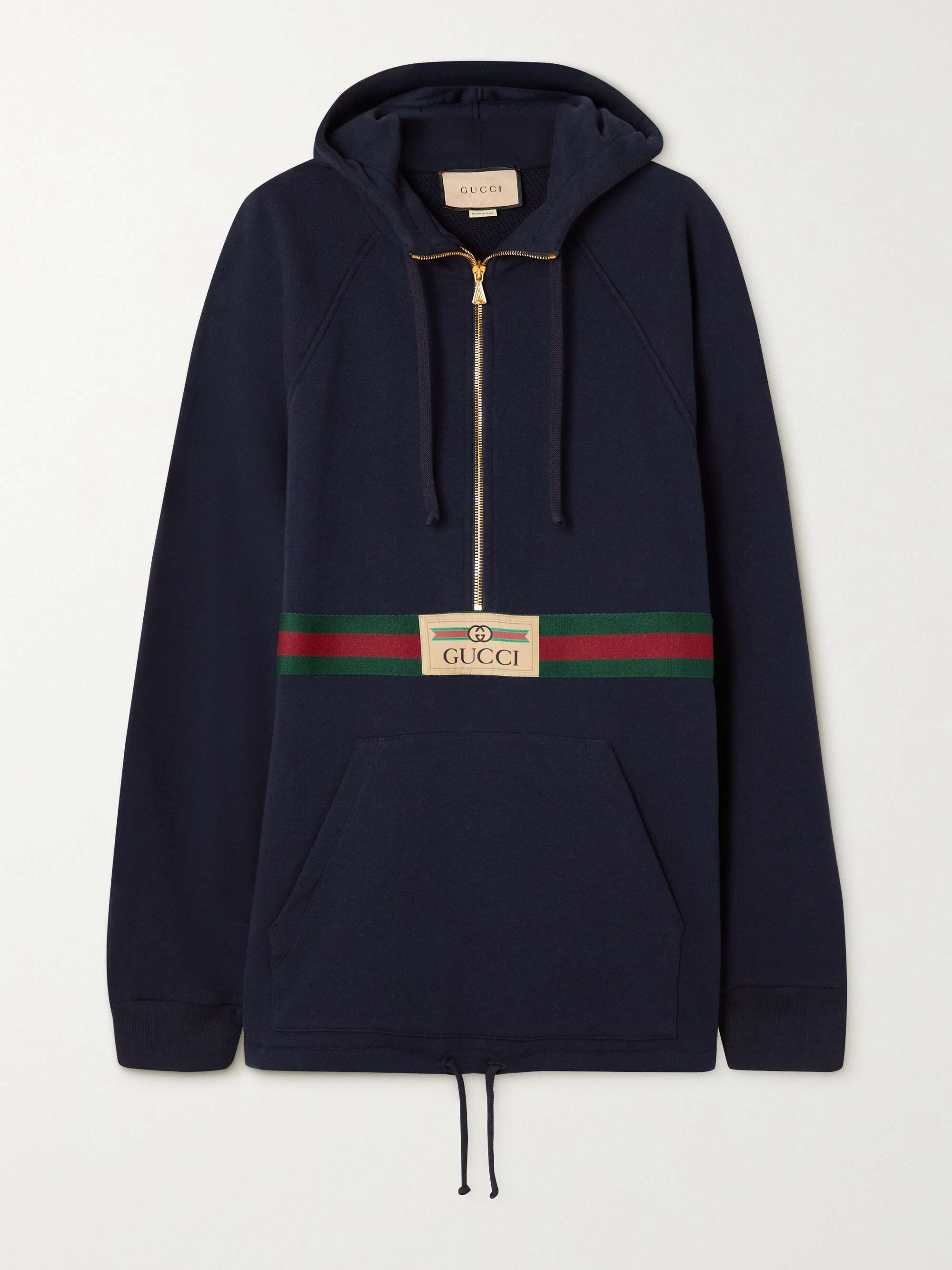 GUCCI Appliquéd webbing-trimmed organic cotton-jersey hoodie