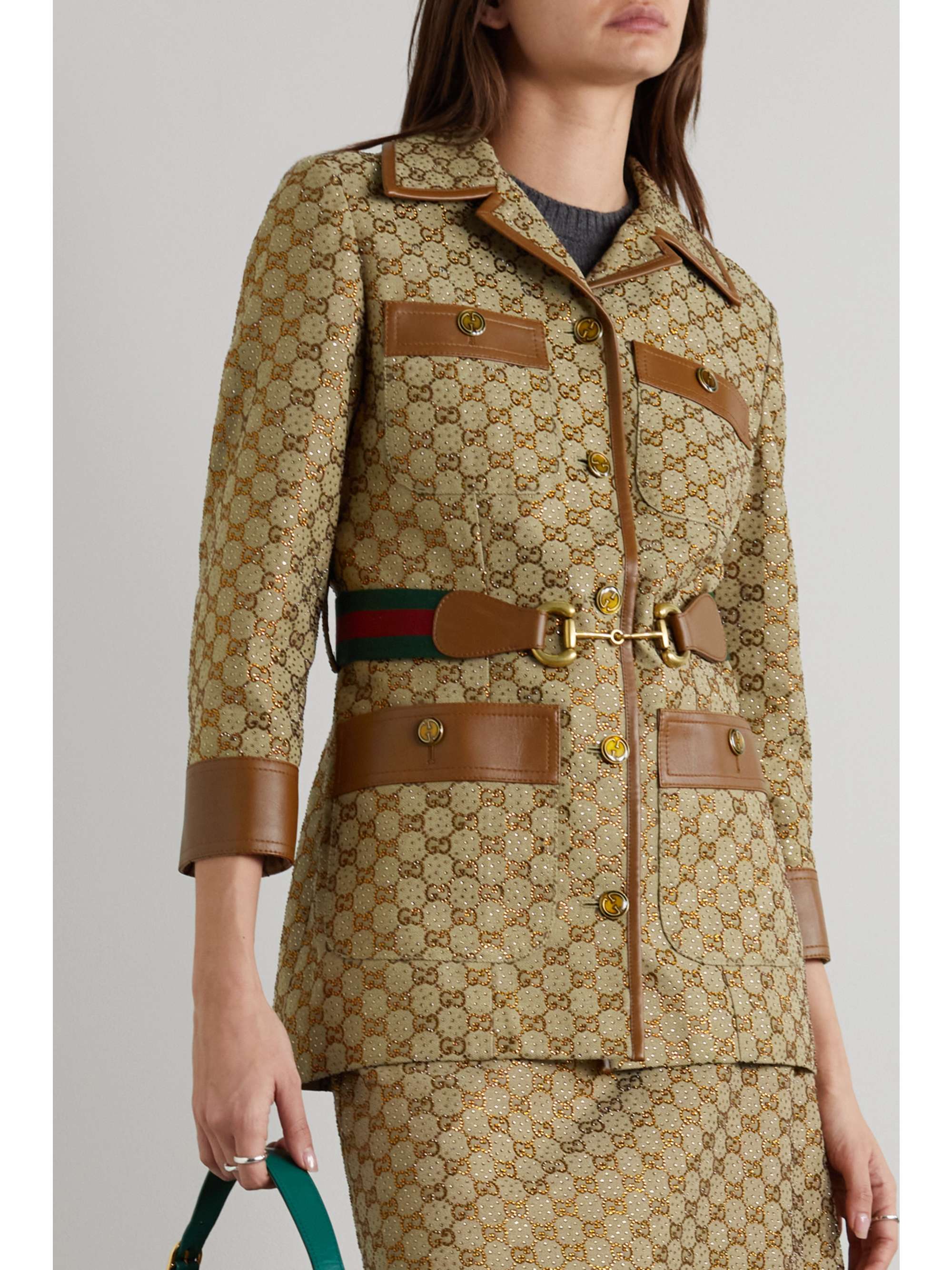 GUCCI Aria belted leather-trimmed cotton-blend canvas-jacquard jacket