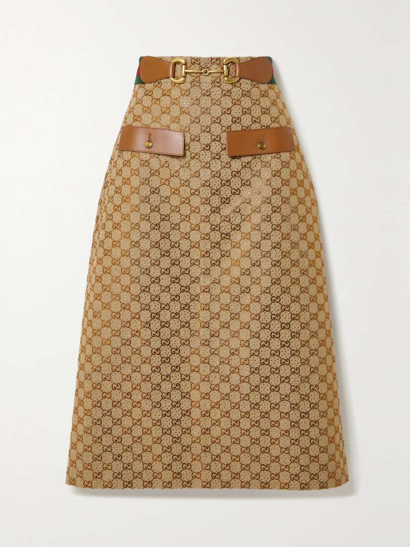 Gucci Aria Embellished Leather-trimmed Printed Cotton-blend Canvas Midi Skirt