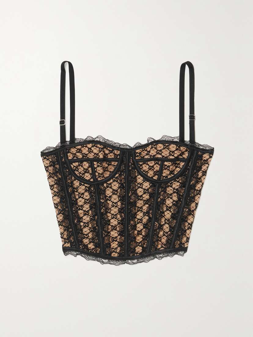 Gucci Lace-trimmed Embroidered Cotton-blend Tulle And Satin Bustier Top