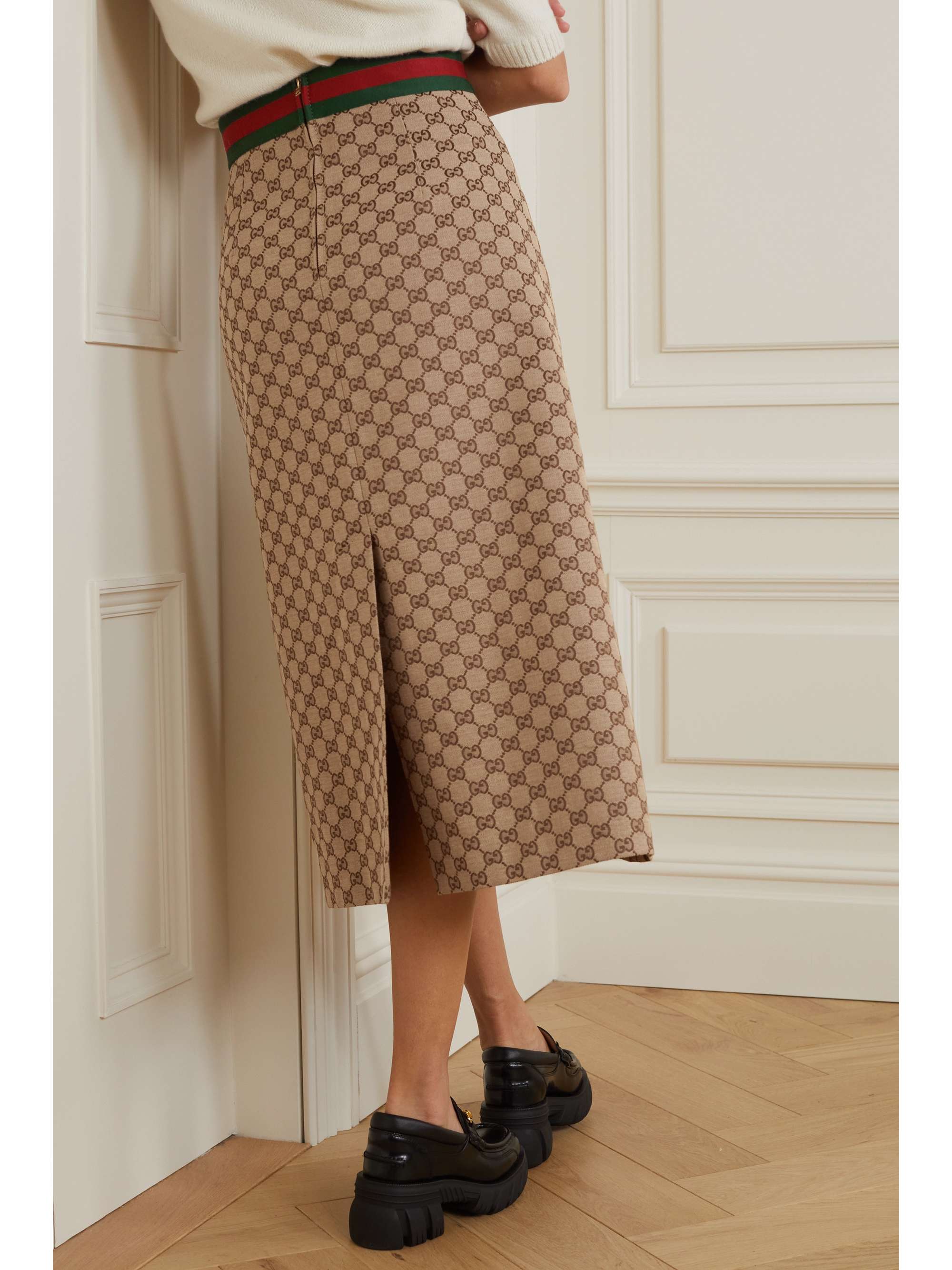 GUCCI Belted leather-trimmed cotton-blend canvas-jacquard midi skirt