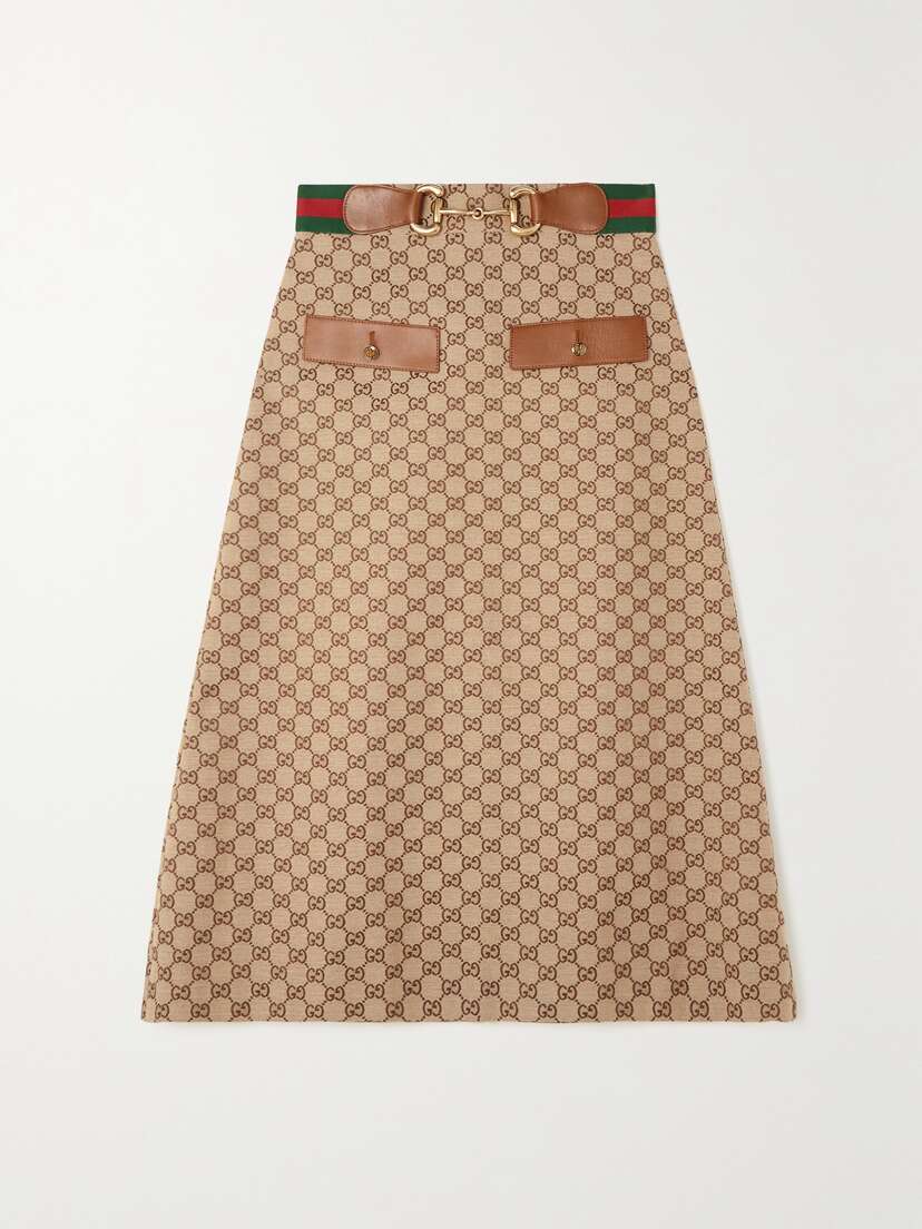 Gucci Belted Leather-trimmed Cotton-blend Canvas-jacquard Midi Skirt