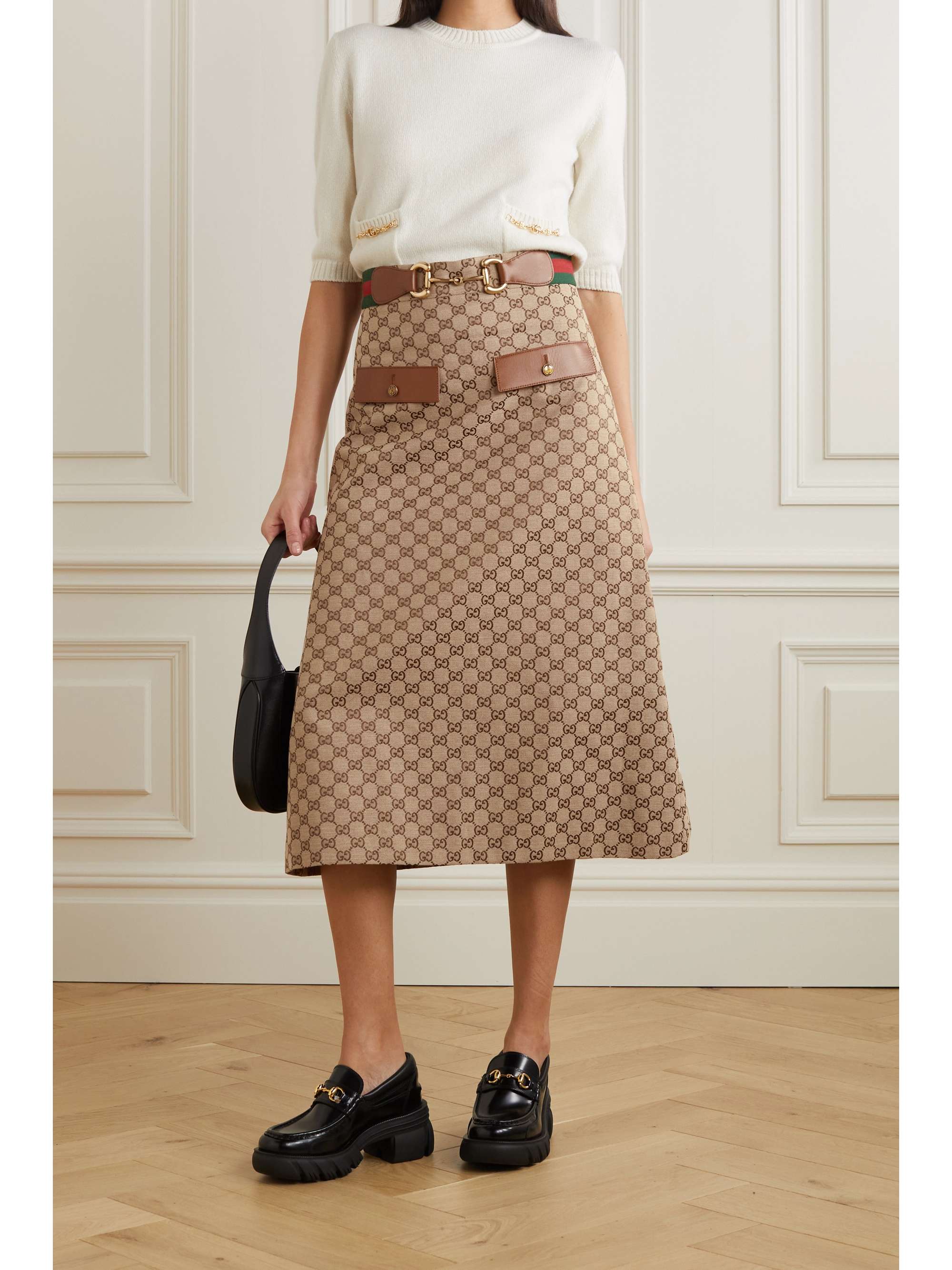 GUCCI Belted leather-trimmed cotton-blend canvas-jacquard midi skirt |  NET-A-PORTER