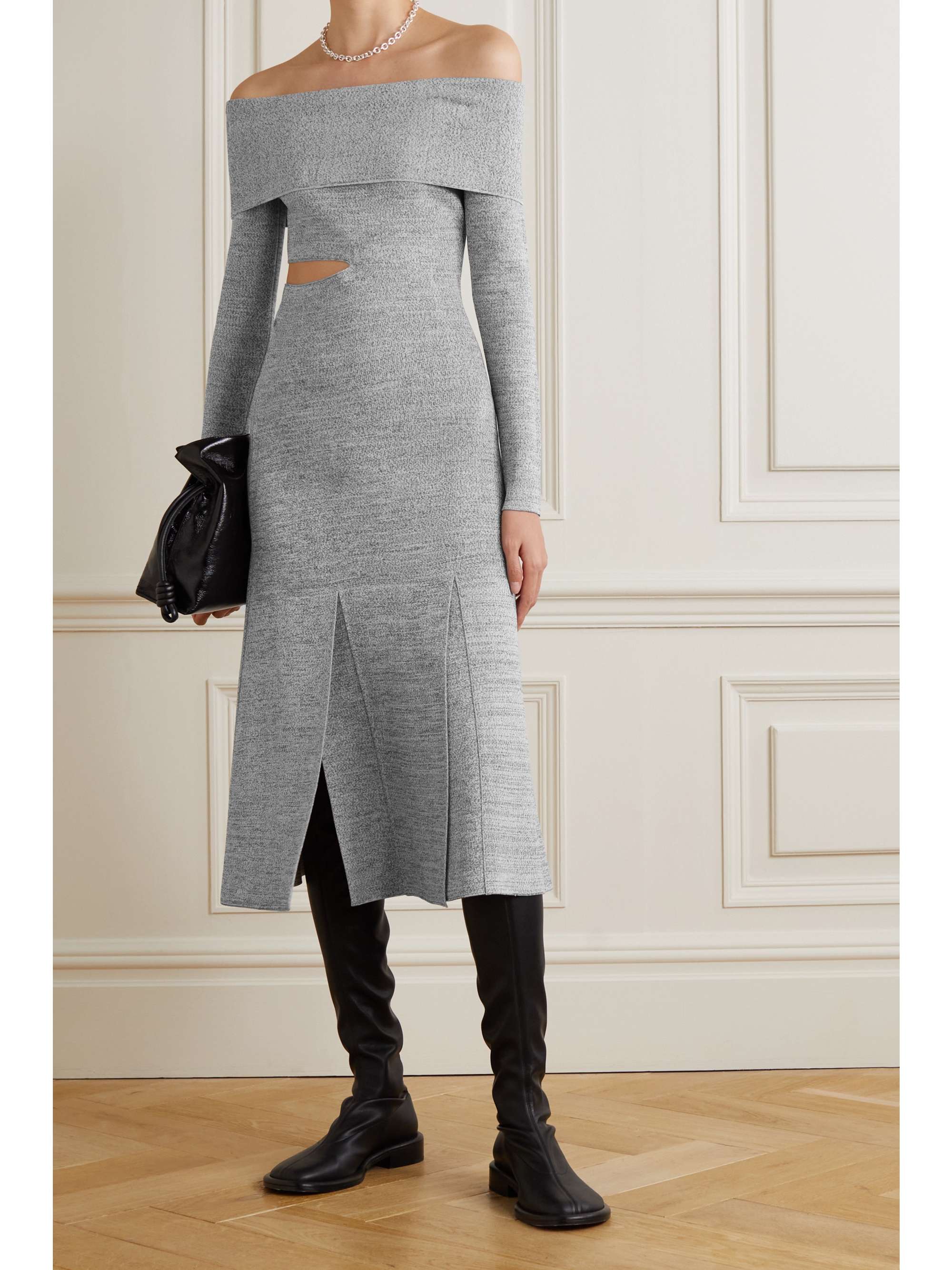 Off shoulder cut out midi dress hotsell