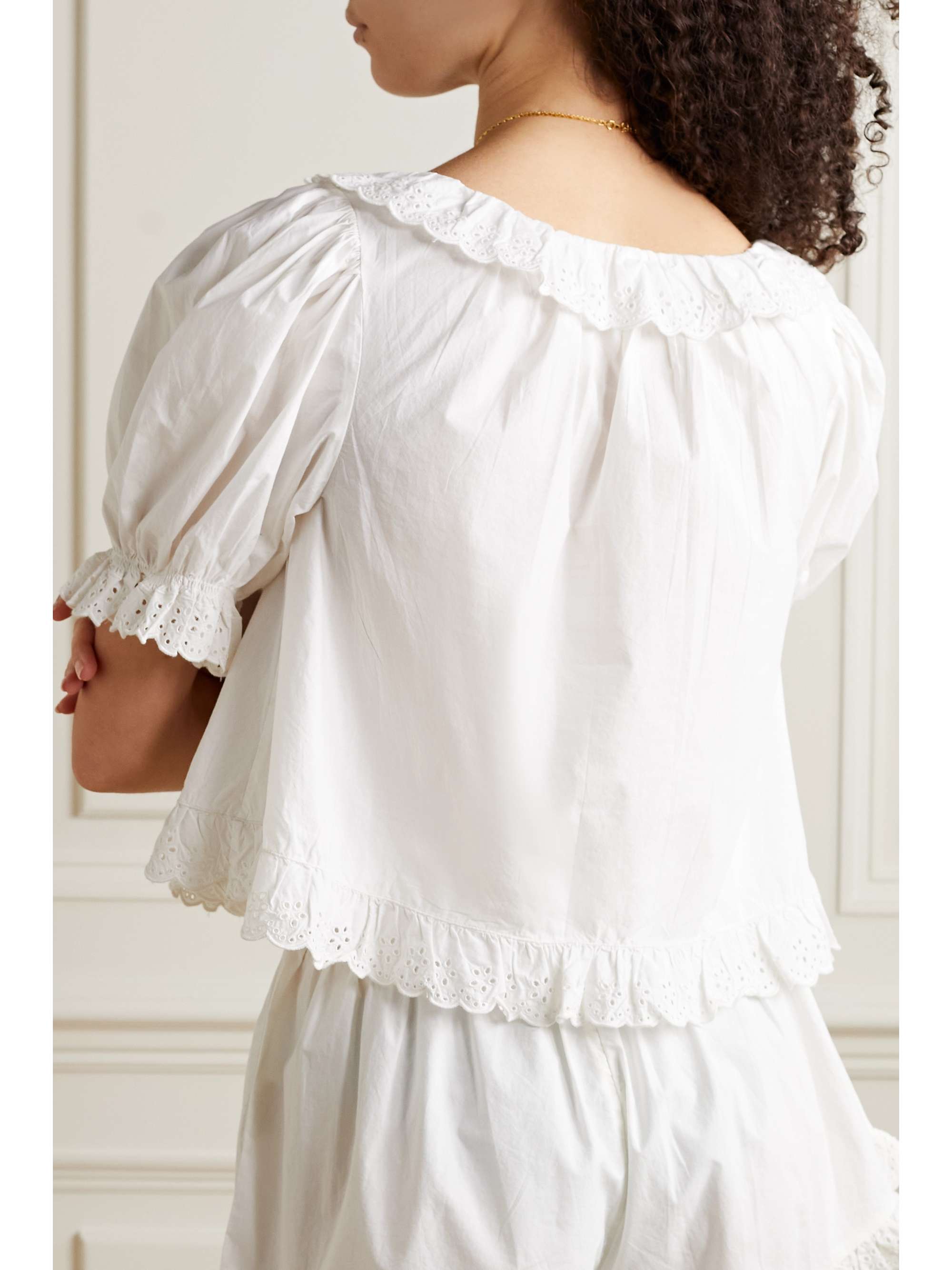 DÔEN + NET SUSTAIN Lazuli broderie anglaise-trimmed organic cotton-poplin pajama top