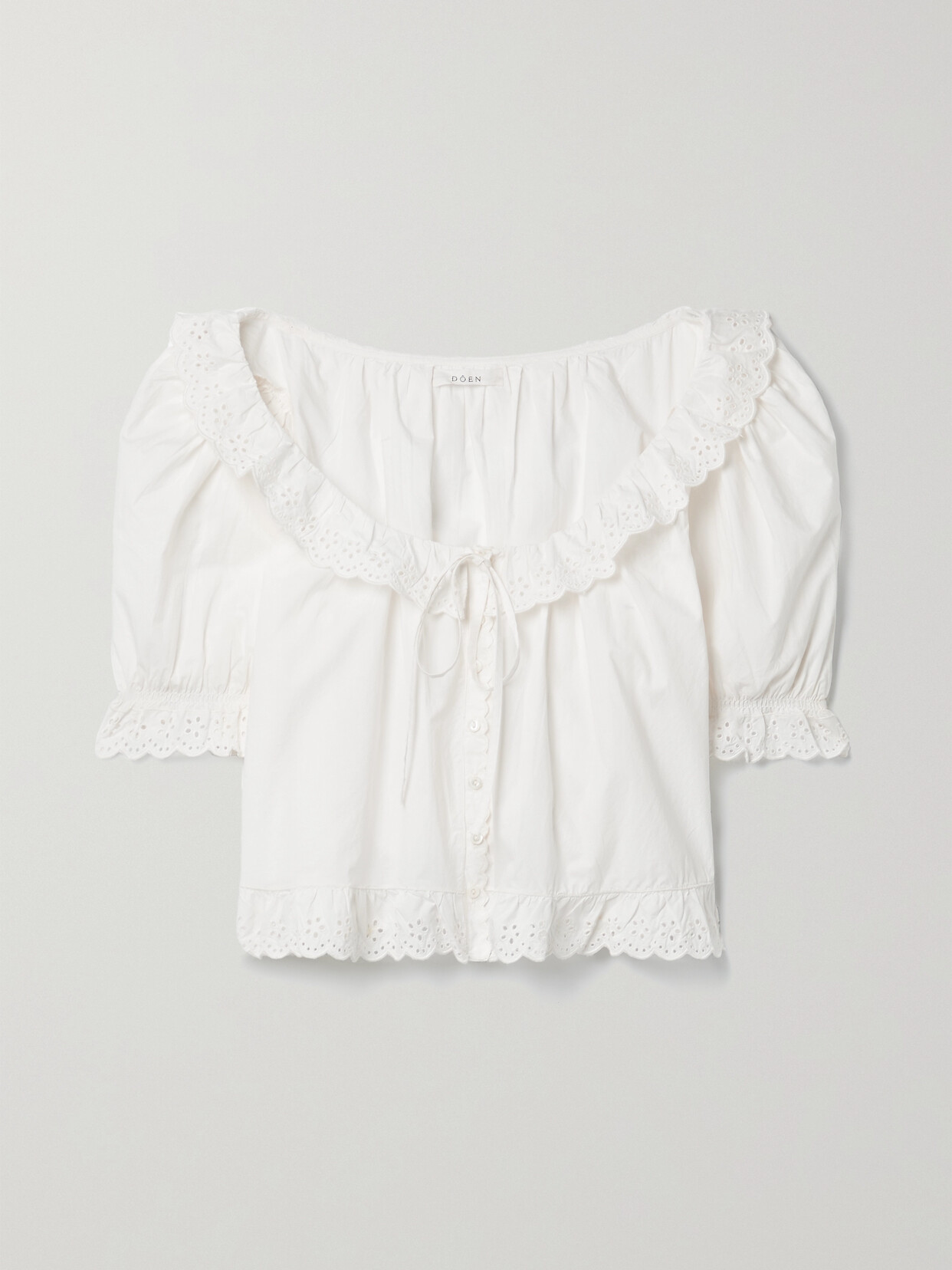 DOEN + NET SUSTAIN LAZULI BRODERIE ANGLAISE-TRIMMED ORGANIC COTTON-POPLIN PAJAMA TOP