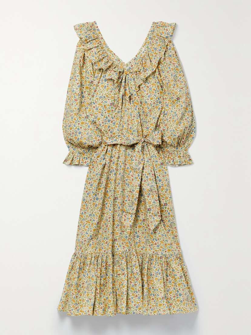 DÔEN Veredis Belted Ruffled Floral-print Cotton Midi Dress - x large