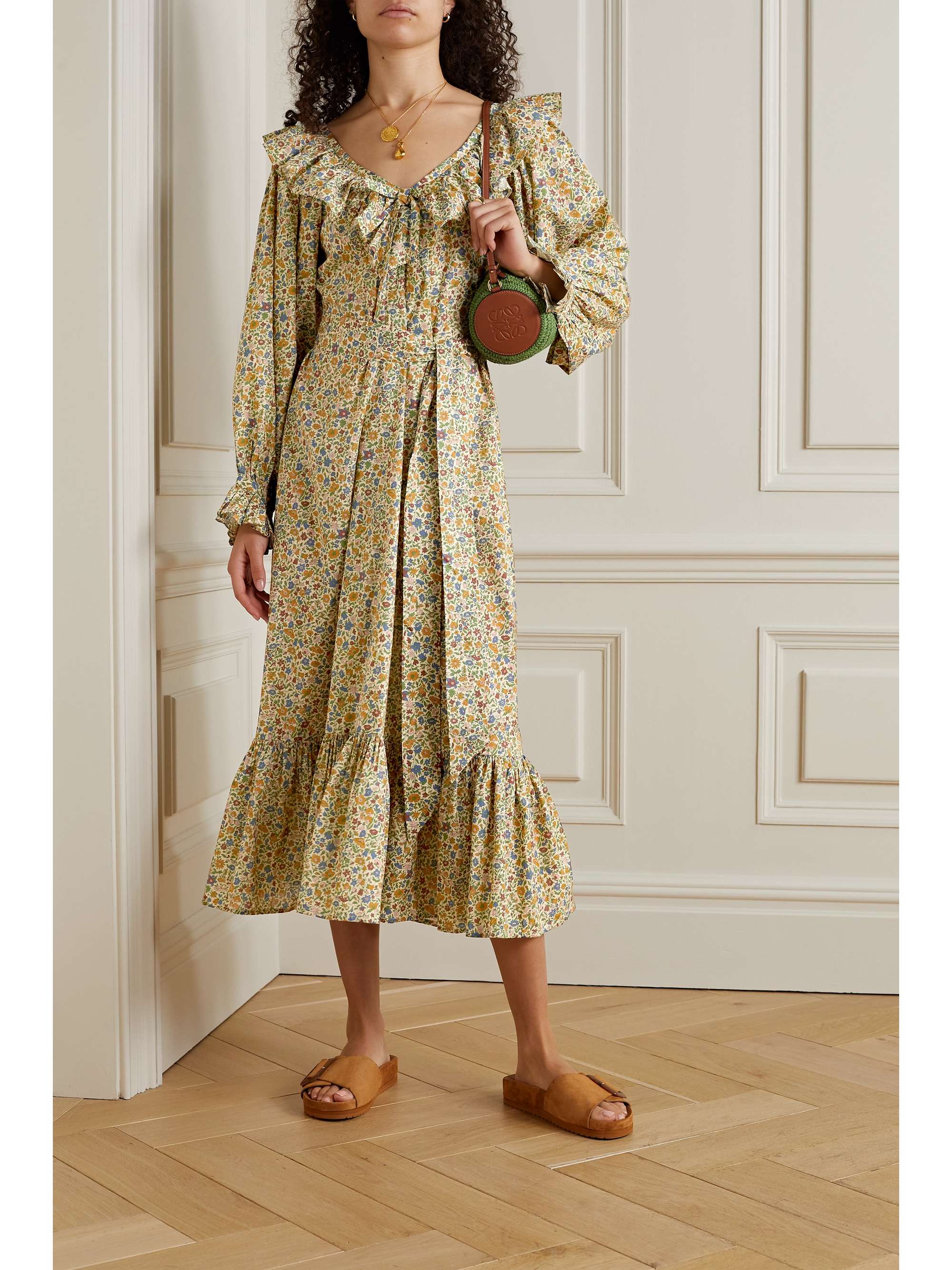 DÔEN Veredis belted ruffled floral-print cotton midi dress
