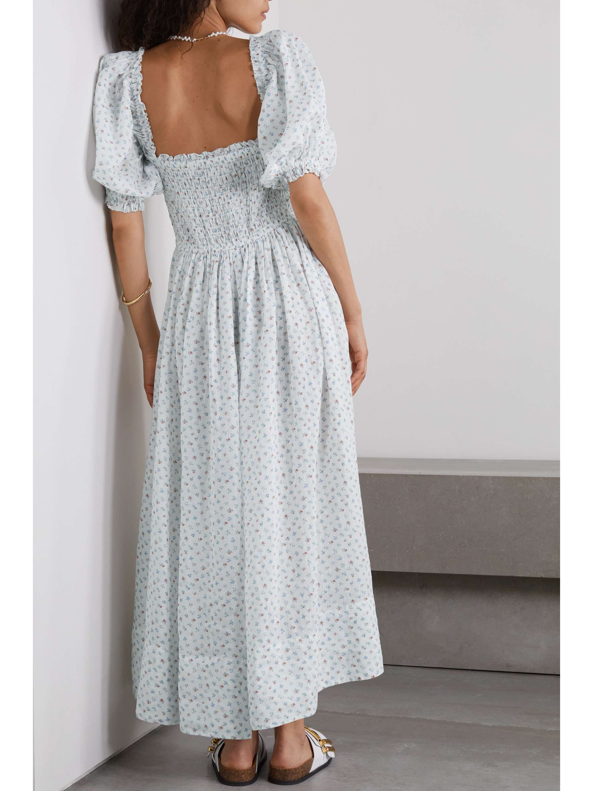 DÔEN Siena shirred floral-print ramie maxi dress