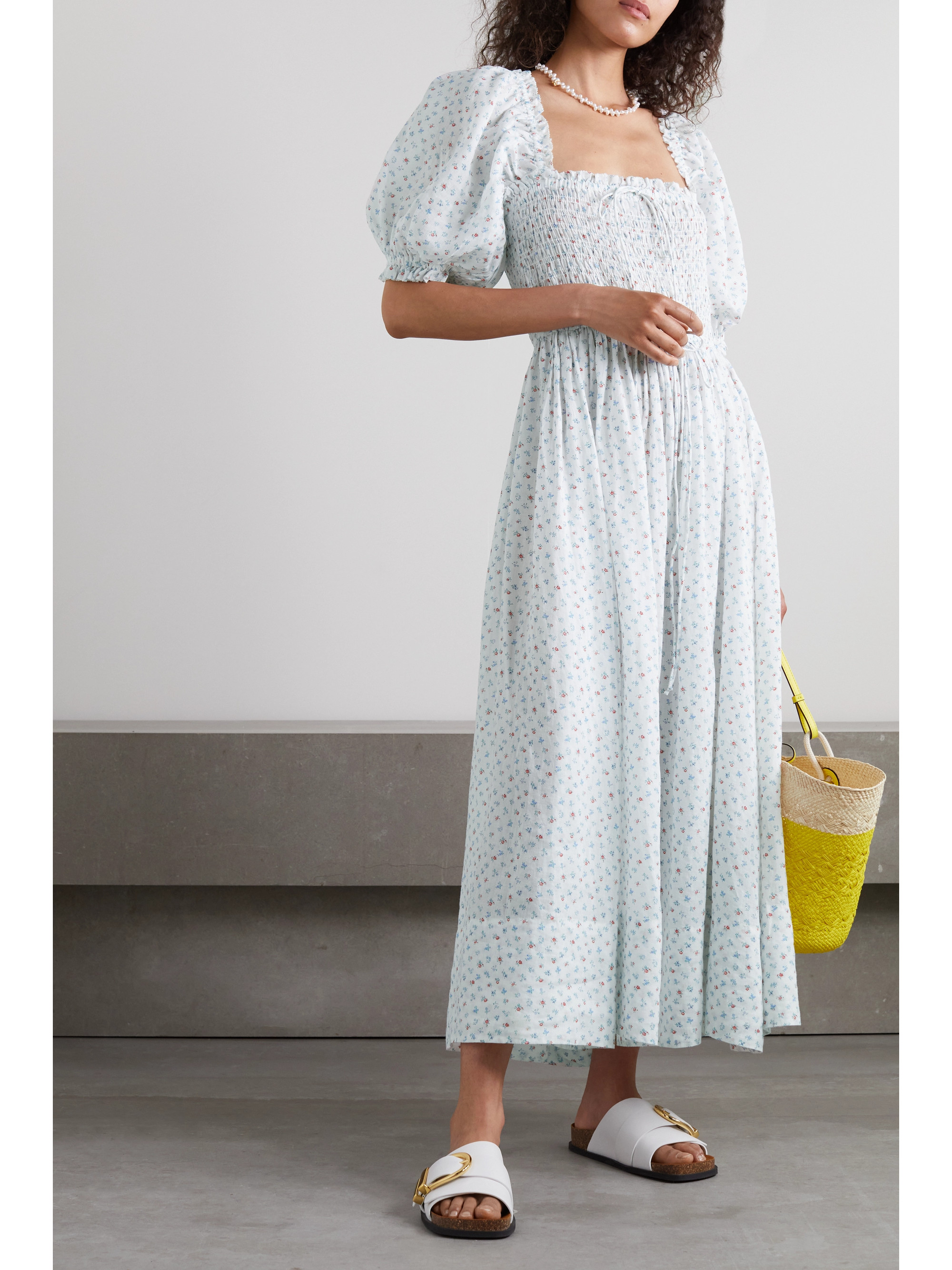 Dôen Siena shirred floral-print ramie maxi dress