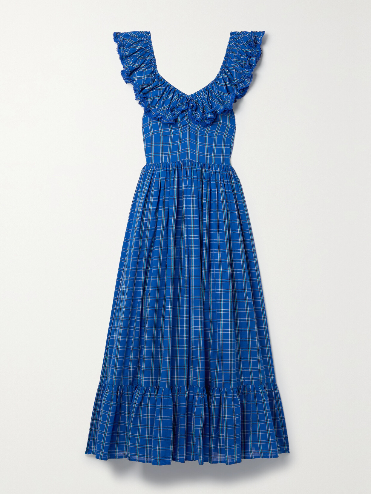 Doen + Net Sustain Sora Ruffled Checked Organic Cotton-voile Maxi Dress In Blue | ModeSens Doen + Net Sustain Sora Ruffled Checked Organic Cotton-voile Maxi Dress In Blue | ModeSens