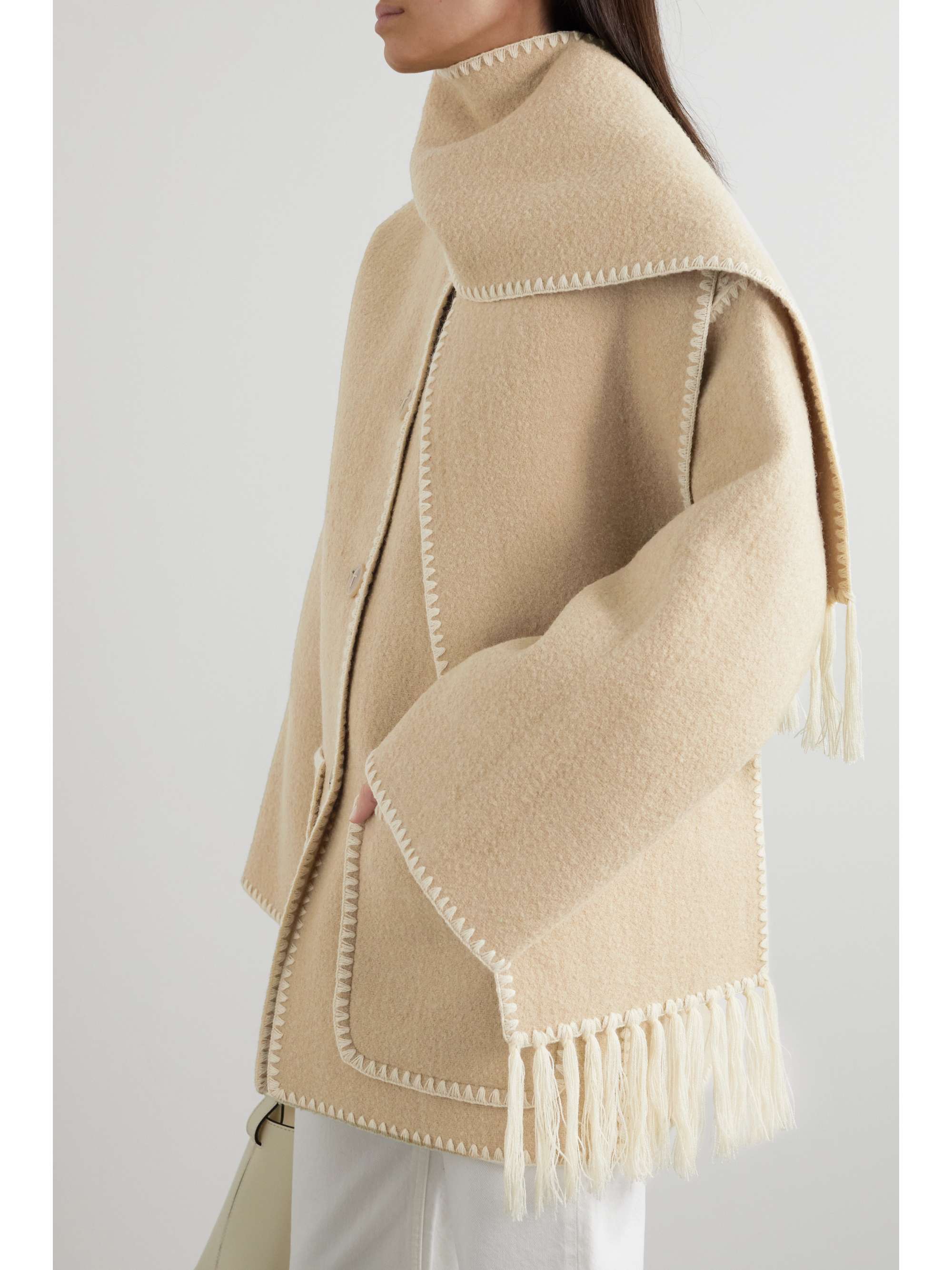 Beige Draped fringed wool-blend jacket 