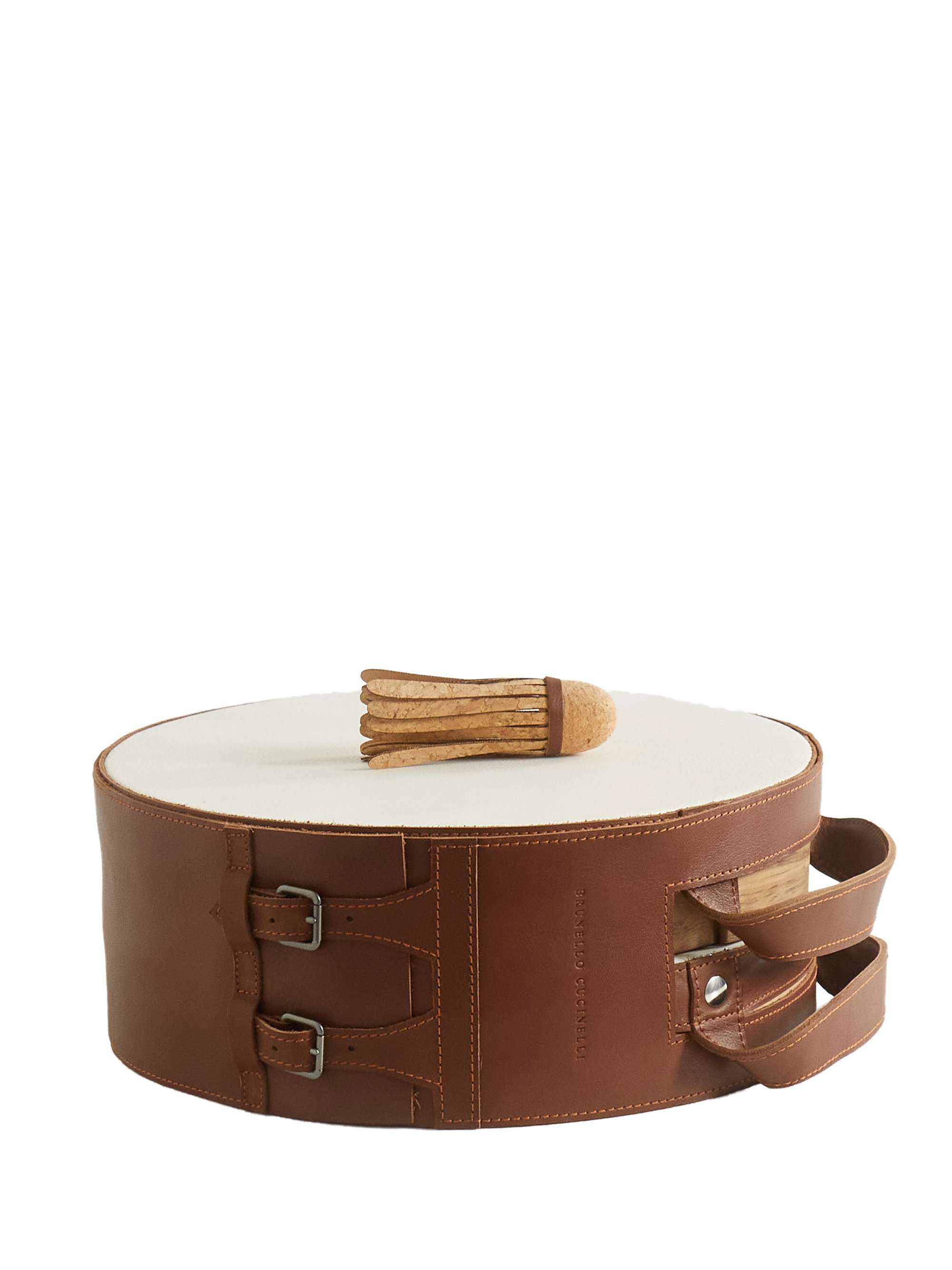 BRUNELLO CUCINELLI Walnut wood, leather and cork tamburello set