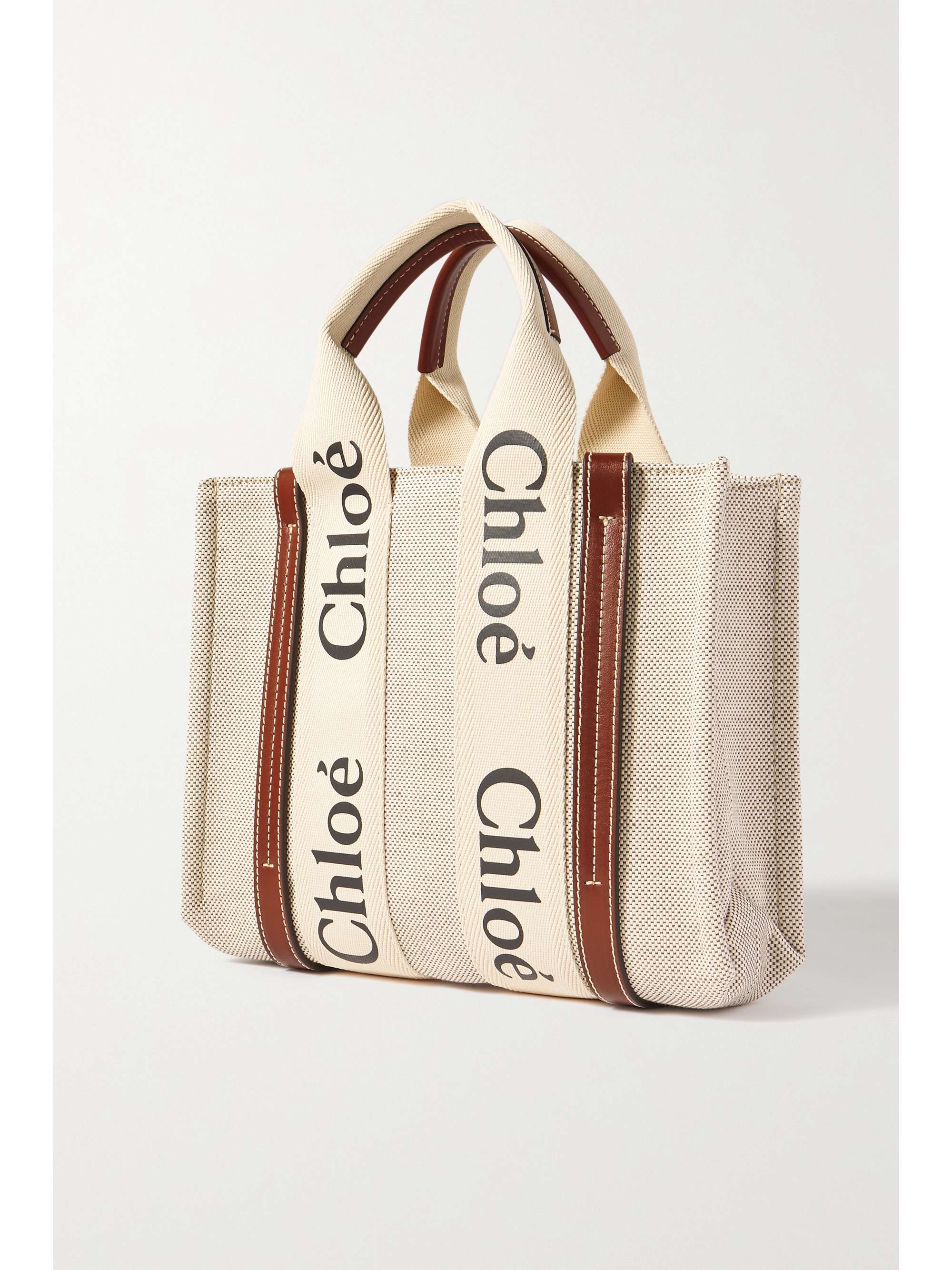 CHLOÉ Woody small leather-trimmed cotton-canvas tote