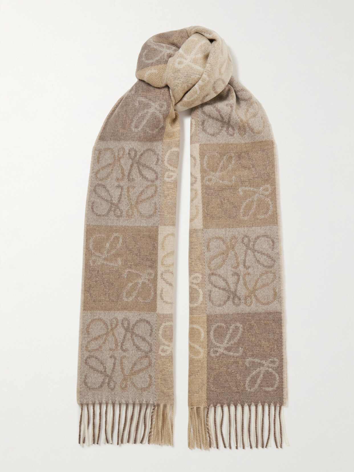 Shop Loewe Fringed Intarsia Wool And Cashmere-blend Scarf In White