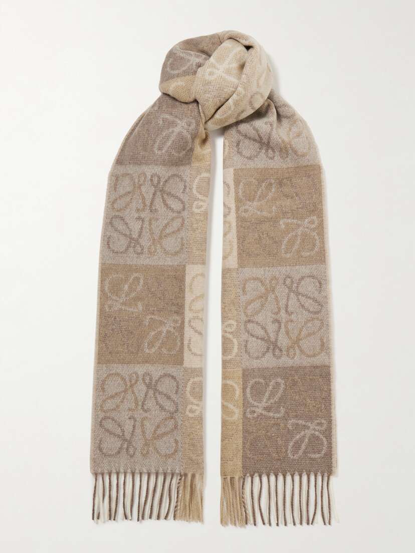 Loewe Fringed Intarsia Wool And Cashmere-blend Scarf