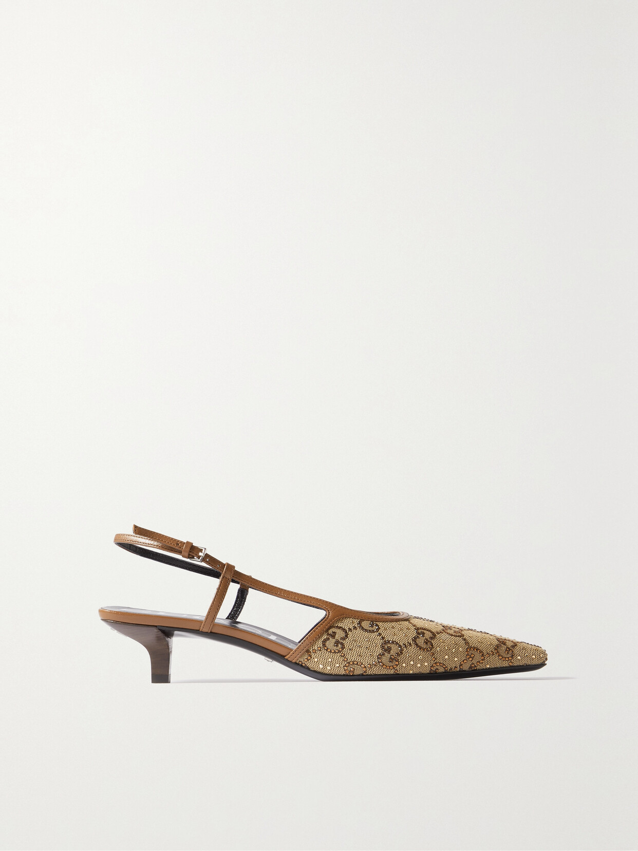 Gucci Demi Leather-trimmed Crystal-embellished Canvas Slingback Pumps