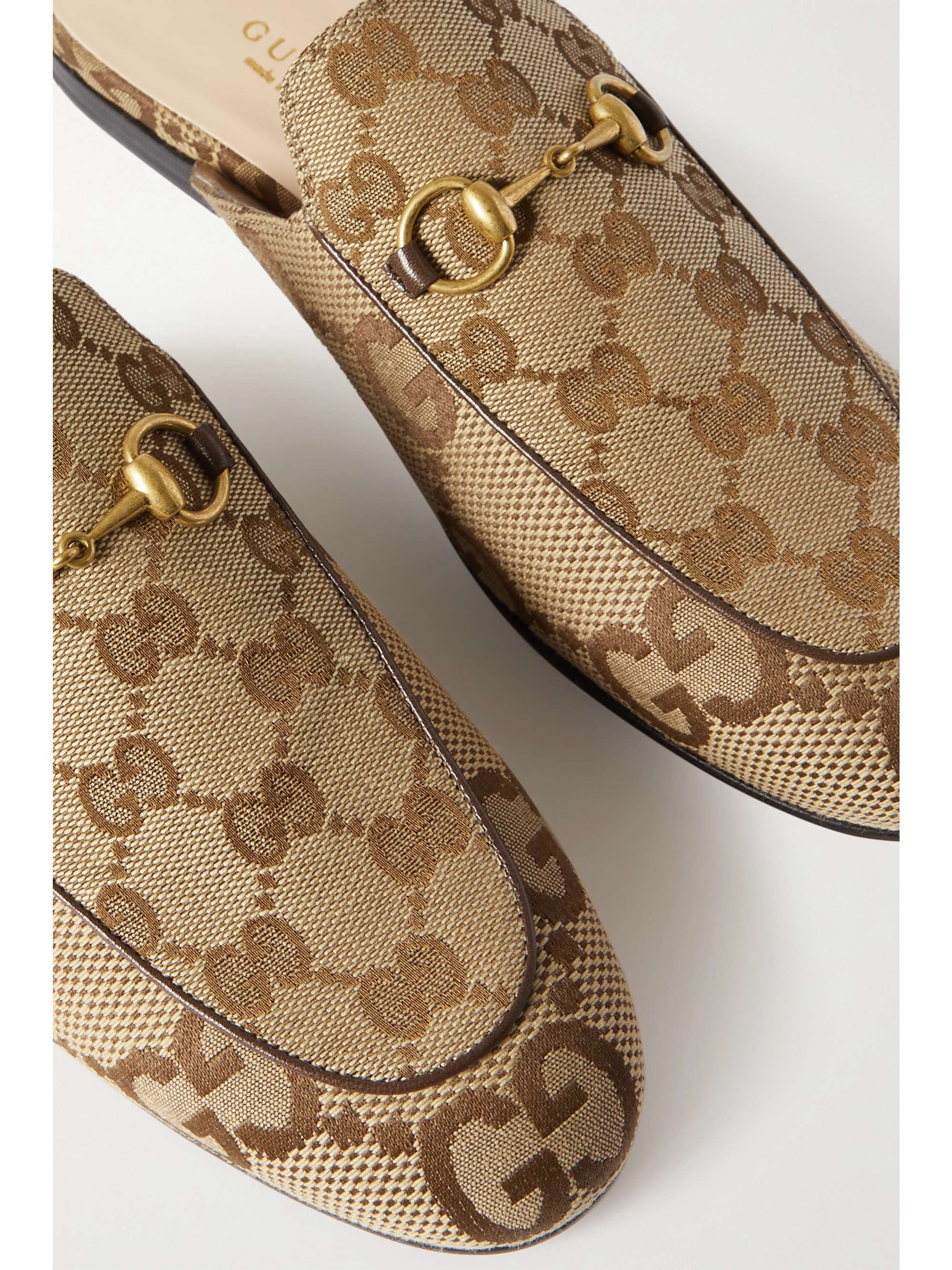 GUCCI Princetown horsebit-detailed leather-trimmed canvas-jacquard slippers