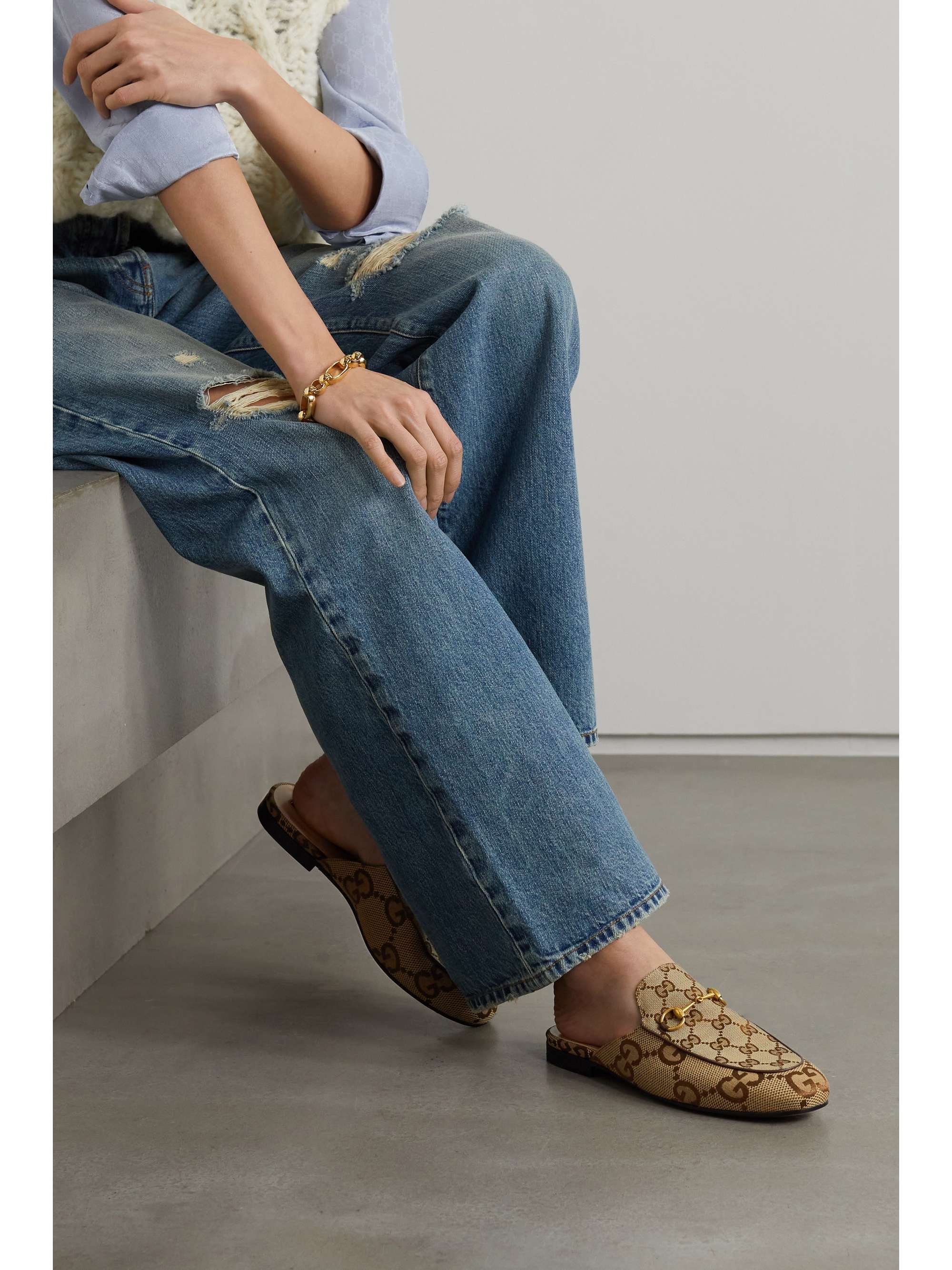 GUCCI Princetown horsebit-detailed leather-trimmed canvas-jacquard slippers  | NET-A-PORTER