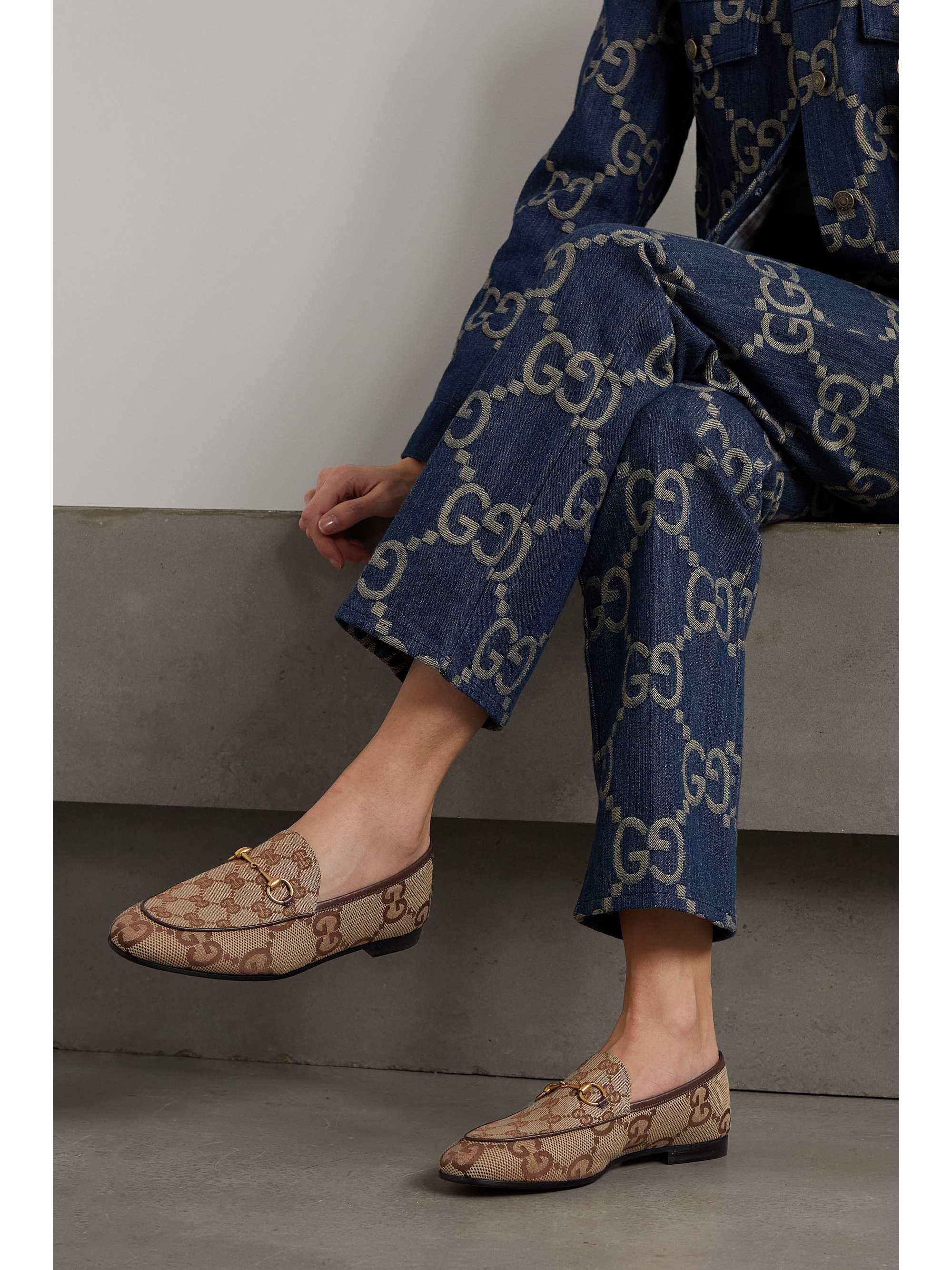 GUCCI Jordaan horsebit-detailed leather-trimmed canvas-jacquard loafers