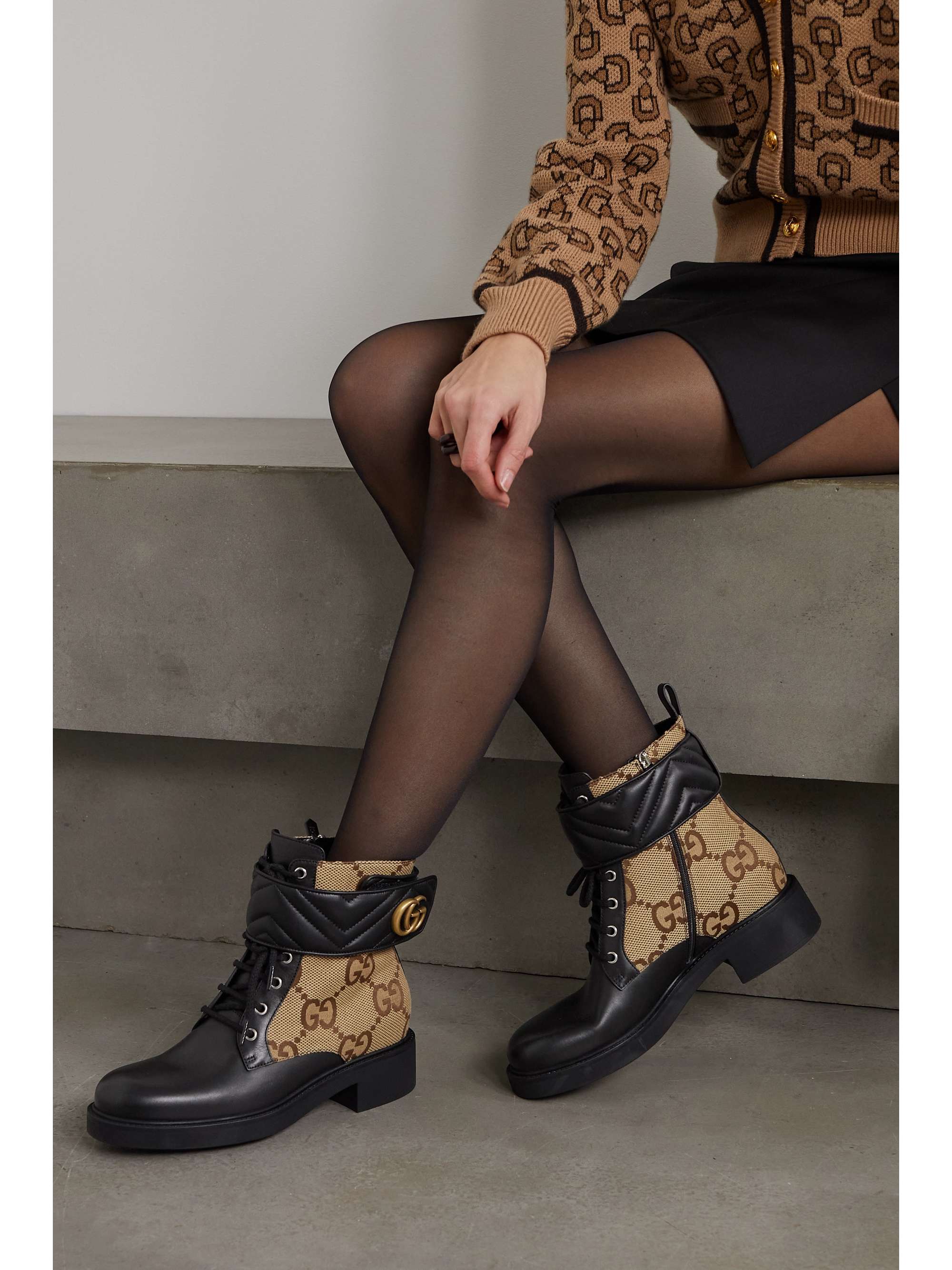 Beige Marmont logo-print coated-canvas and leather boots | GUCCI |  NET-A-PORTER